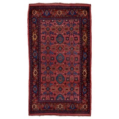 Ancien tapis persan tribal Bidjar long, poils épais, terrain sur toute la surface, accents bleus