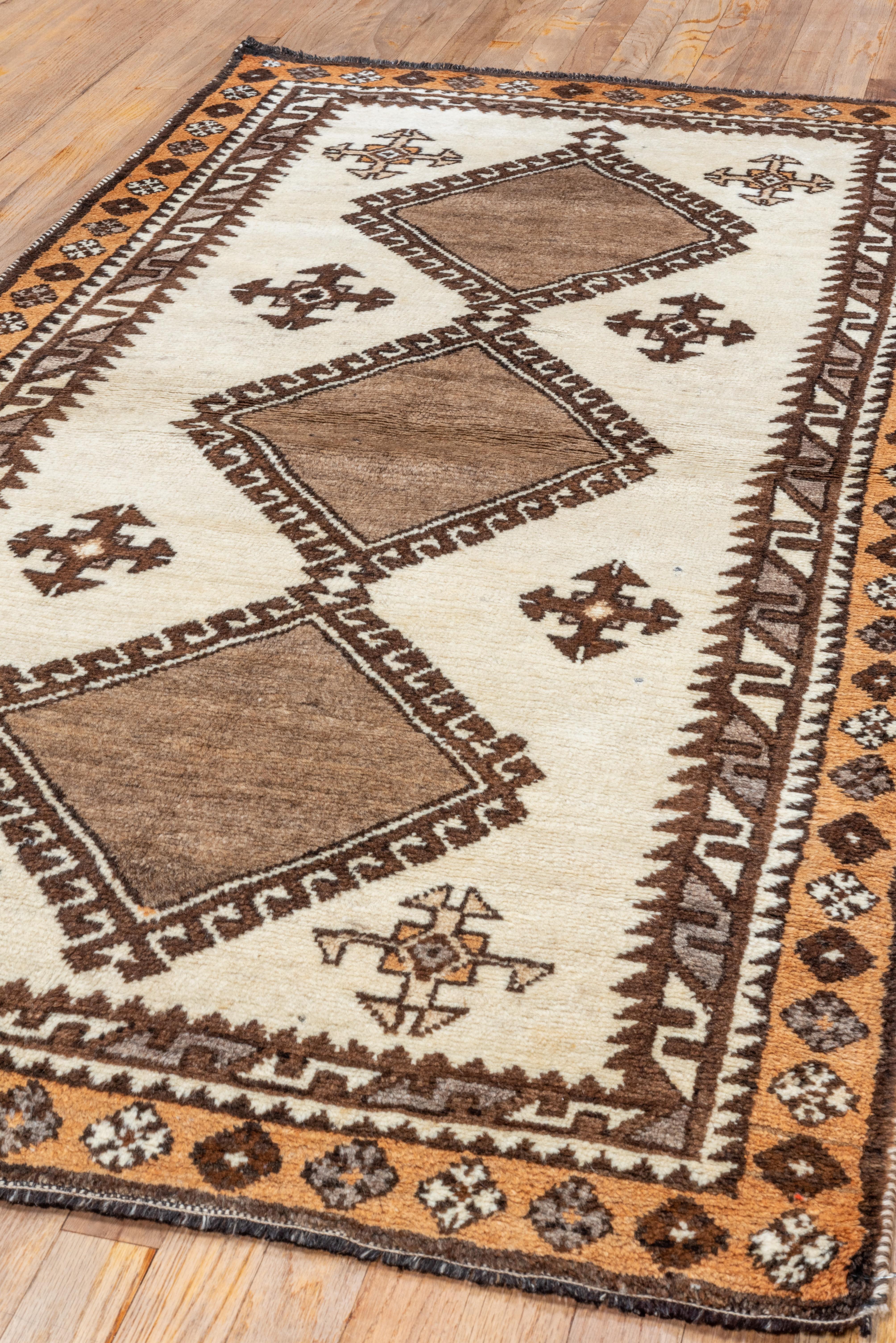 Hand-Knotted Antique Tribal Persian Gabbeh Rug, Cream Field with Brown Diamonds For Sale