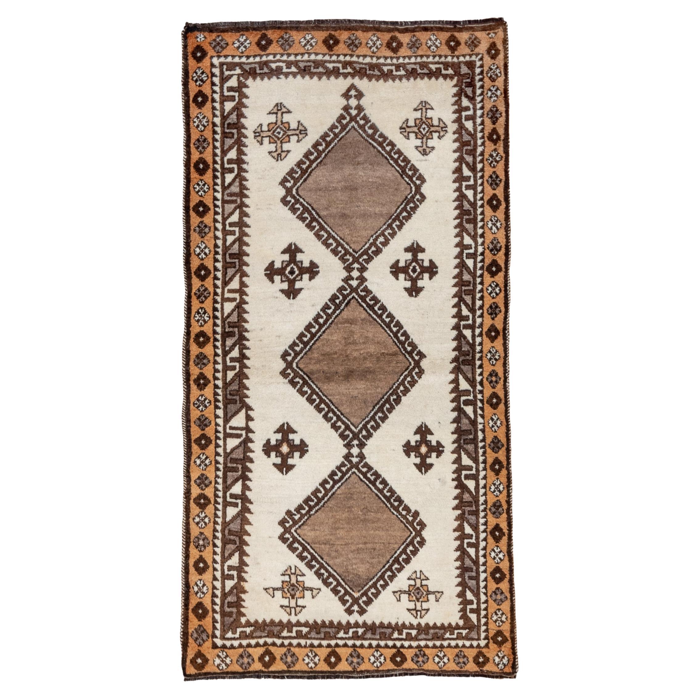 Antique Tribal Persian Gabbeh Rug, Cream Field with Brown Diamonds For Sale