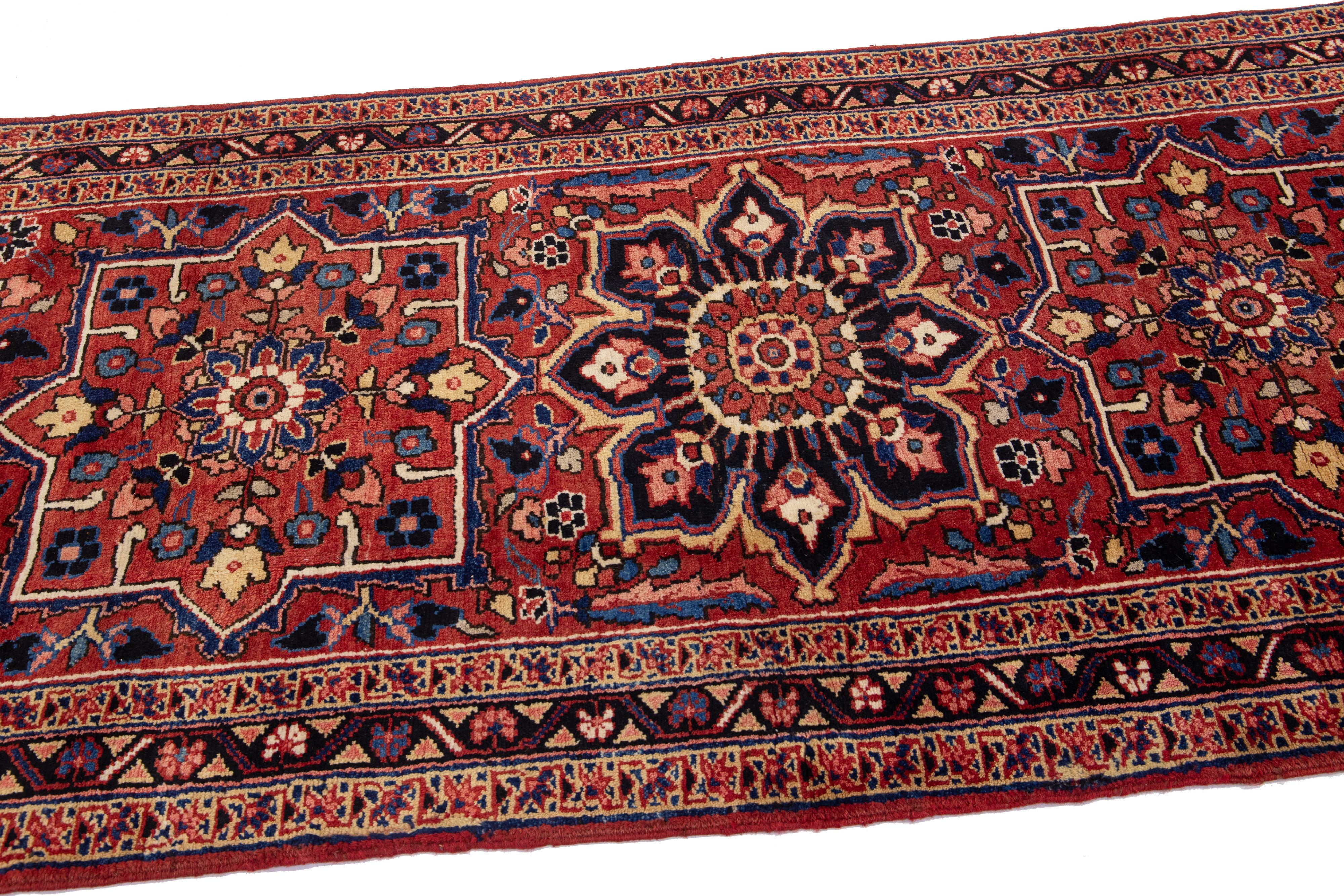 Hand-Knotted Antique Tribal Persian Heriz Handmade Red Wool Rug For Sale