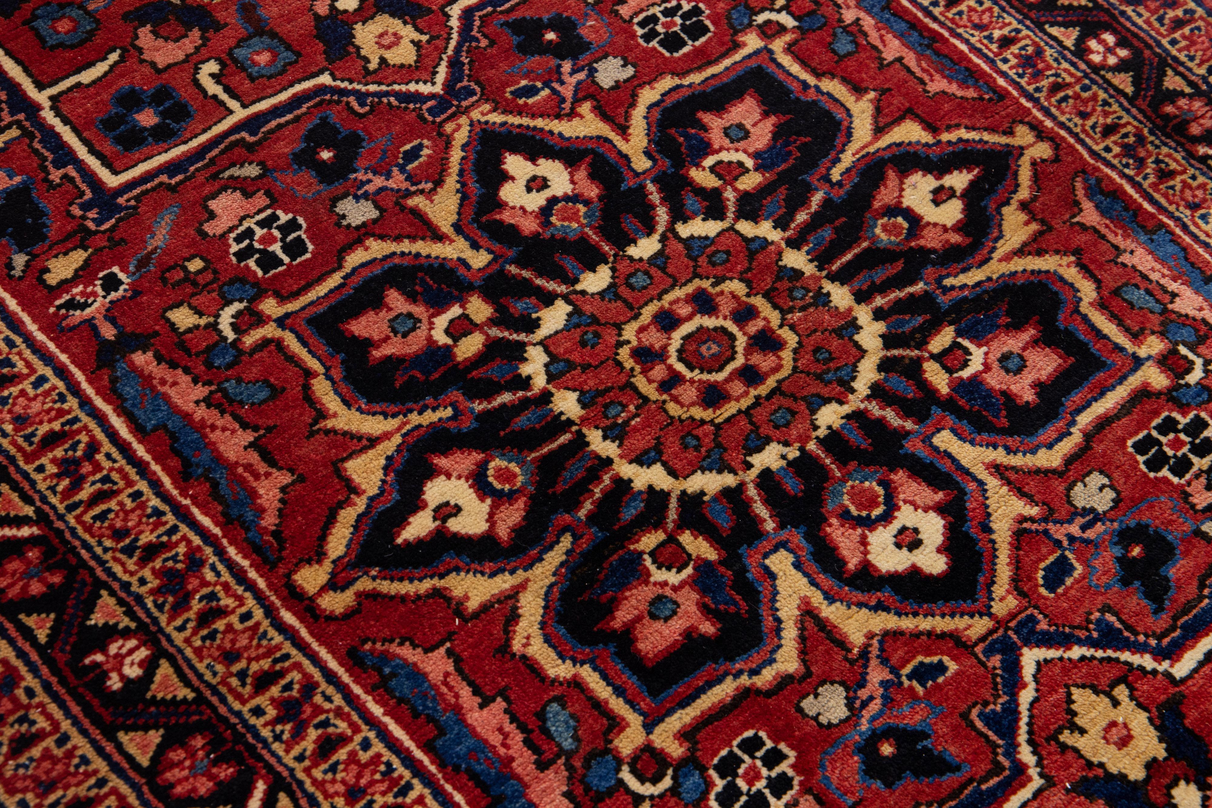Antique Tribal Persian Heriz Handmade Red Wool Rug For Sale 1