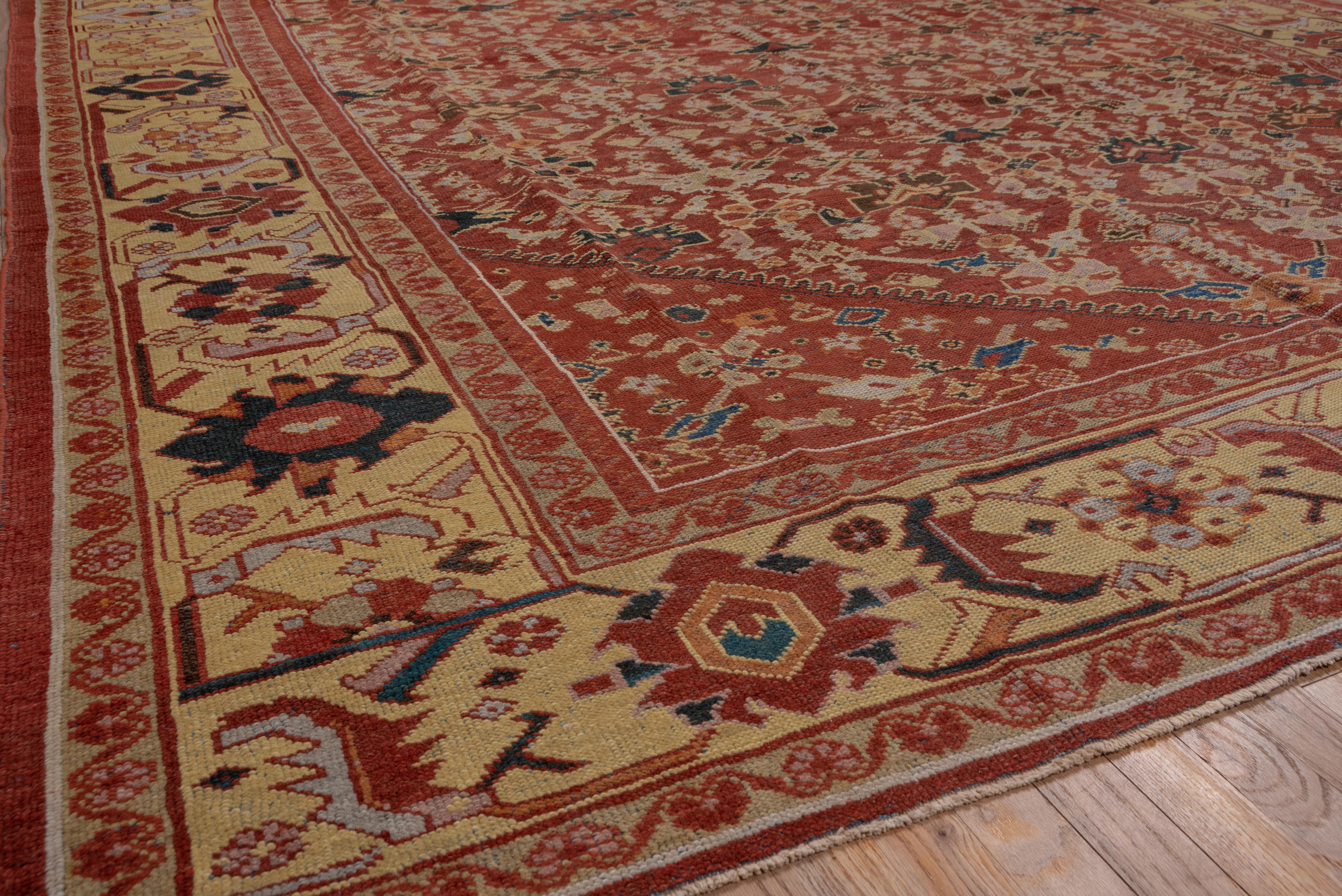 Hand-Knotted Antique Tribal Persian Mahal Rug, Allover Rusty Red Field, Yellow Borders For Sale