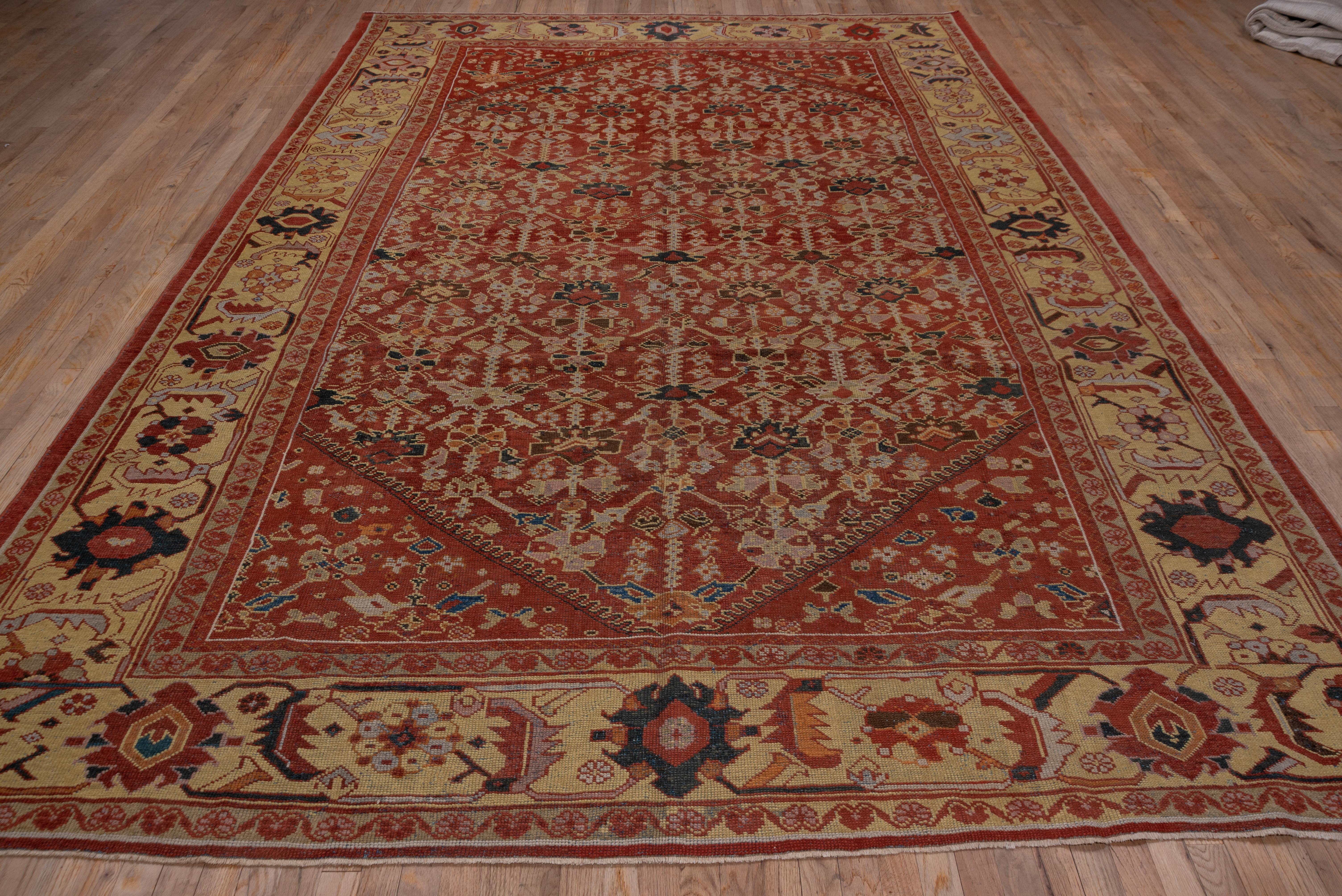Antique Tribal Persian Mahal Rug, Allover Rusty Red Field, Yellow Borders In Good Condition For Sale In New York, NY