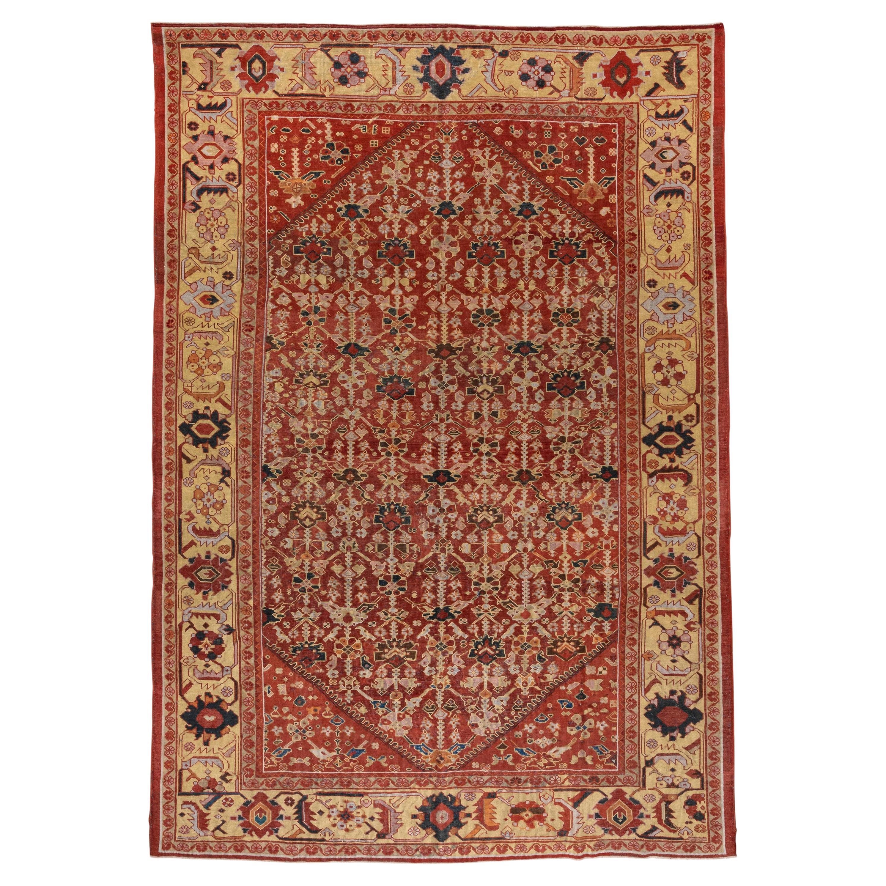 Antique Tribal Persian Mahal Rug, Allover Rusty Red Field, Yellow Borders For Sale
