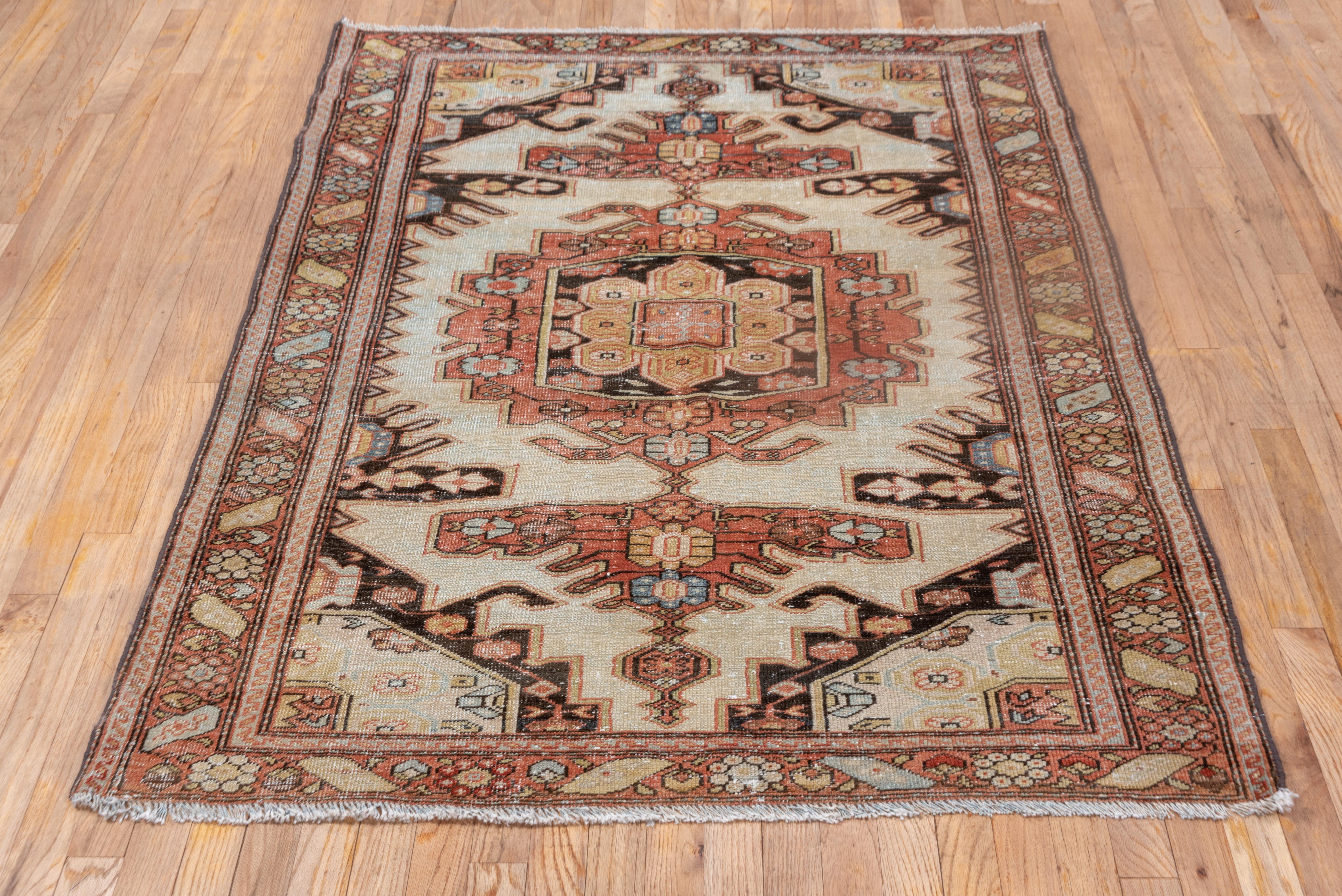 Antique Tribal Persian Mahal Rug, Coral & Light Blue Tones, Circa 1930s In Good Condition In New York, NY