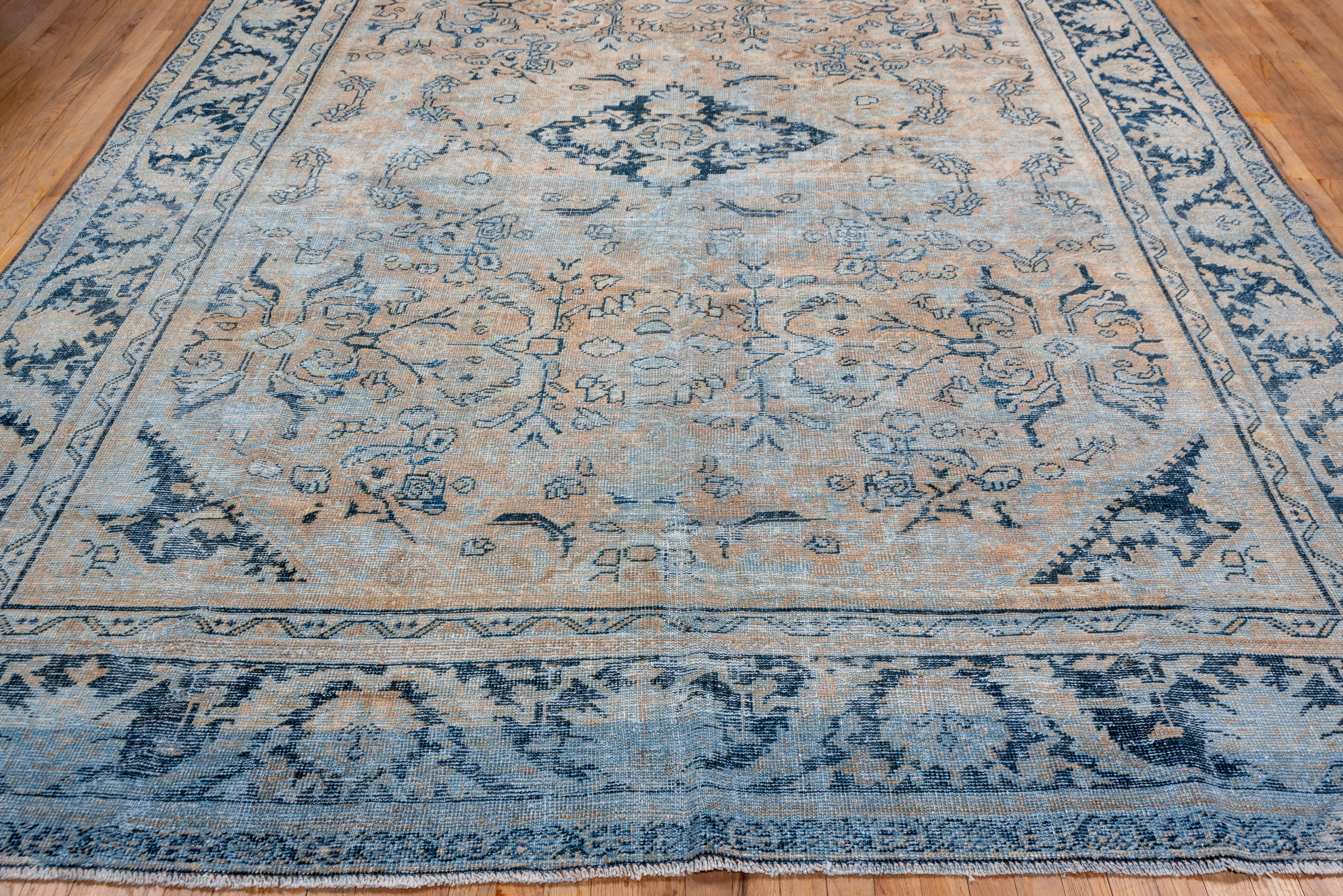 Hand-Knotted Antique Tribal Persian Mahal Rug, Dark Blue Borders, Peach and Light Brown Field For Sale