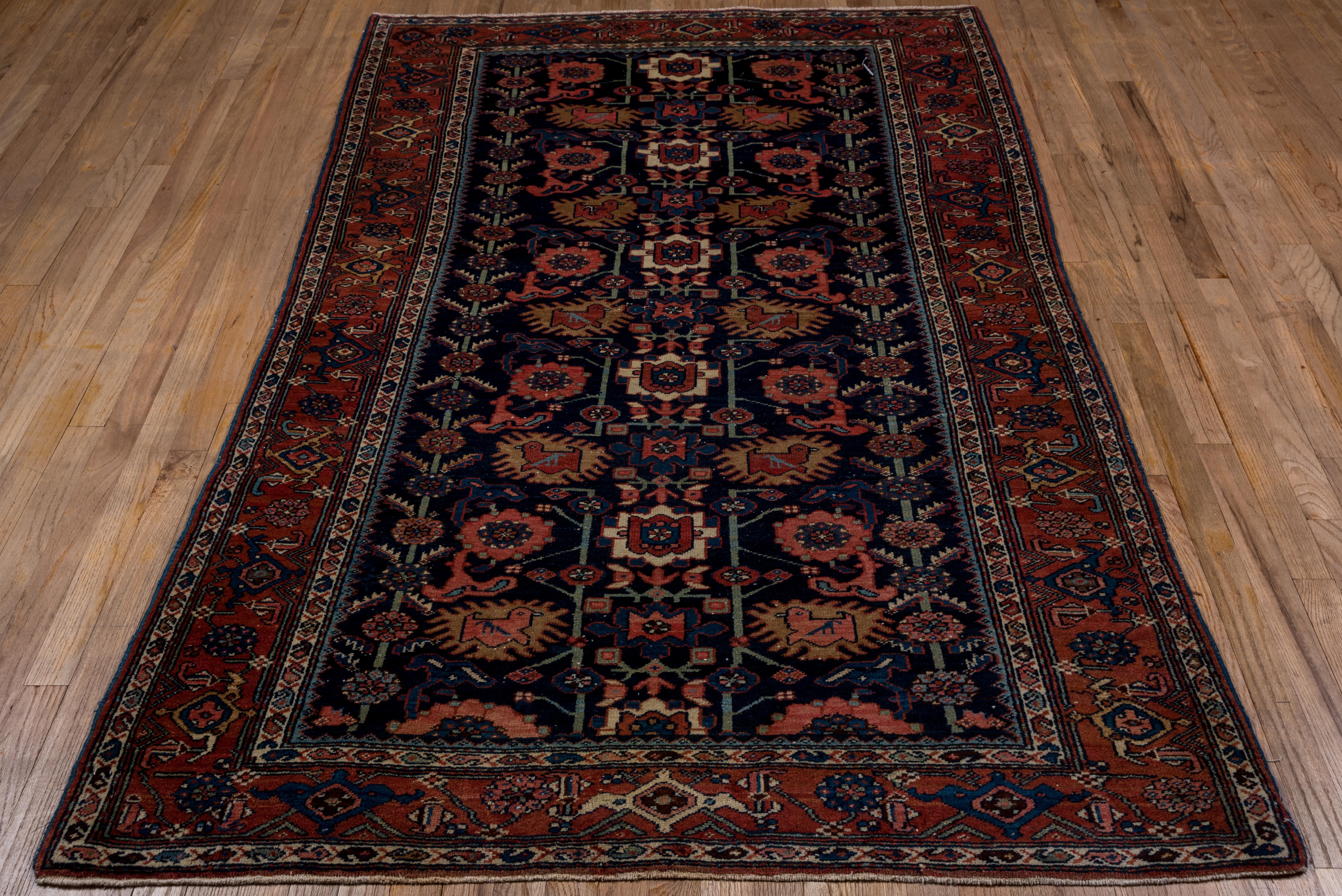 Hand-Knotted Antique Tribal Persian Malayer Scatter Rug, Navy Allover Field, Rust Borders For Sale