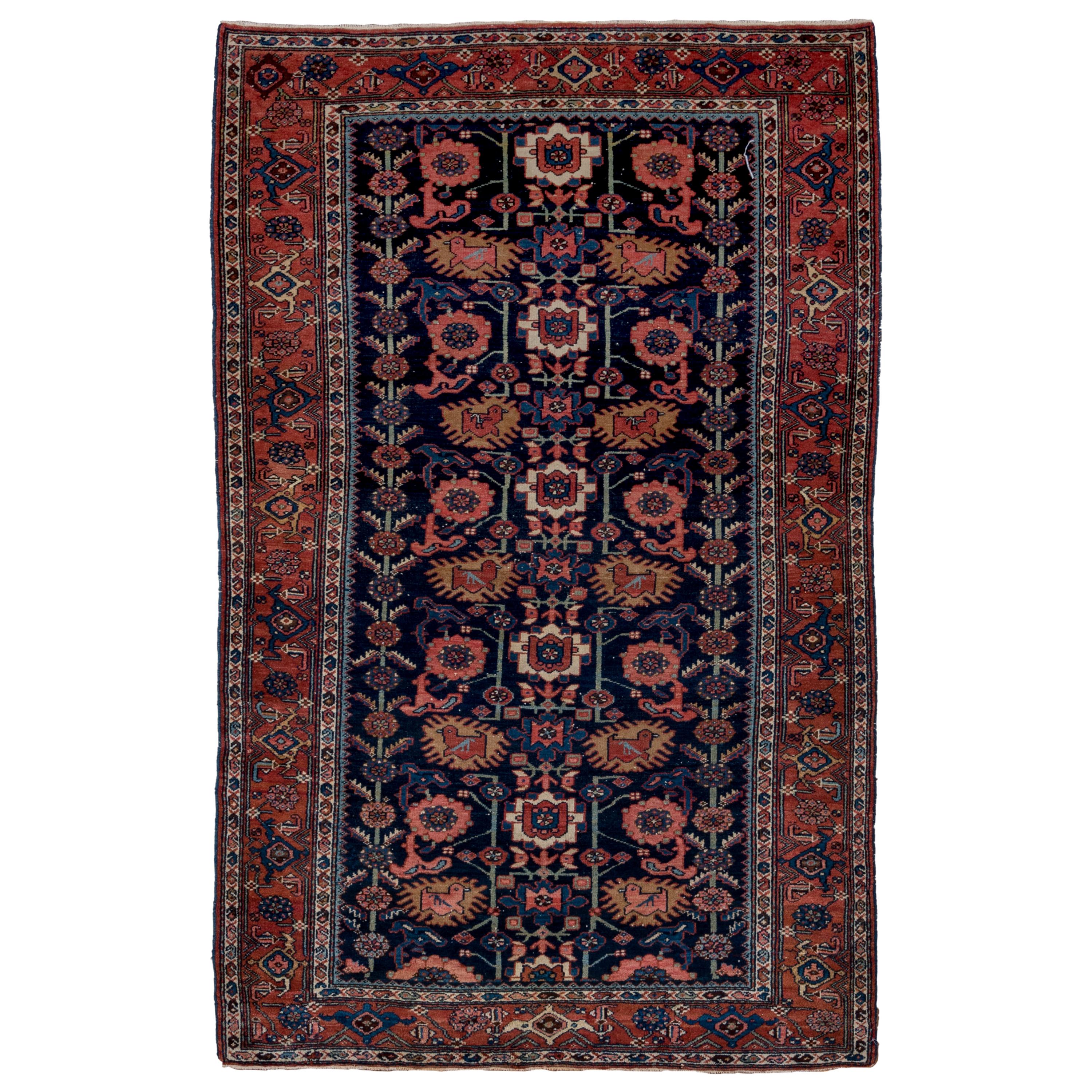 Antique Tribal Persian Malayer Scatter Rug, Navy Allover Field, Rust Borders For Sale