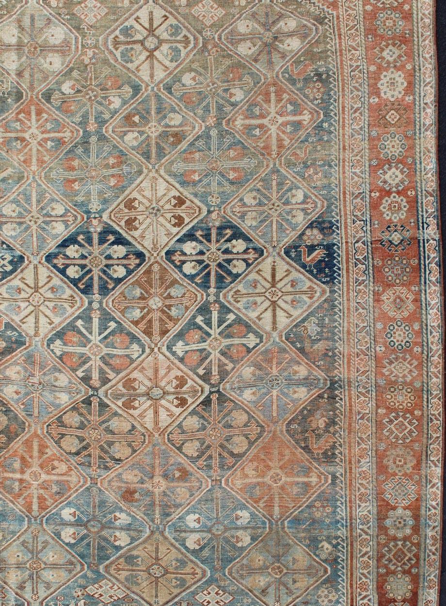 Hand-Knotted Antique Tribal Persian Qashqai Rug with Geometric Diamond Design in Multi-Colors