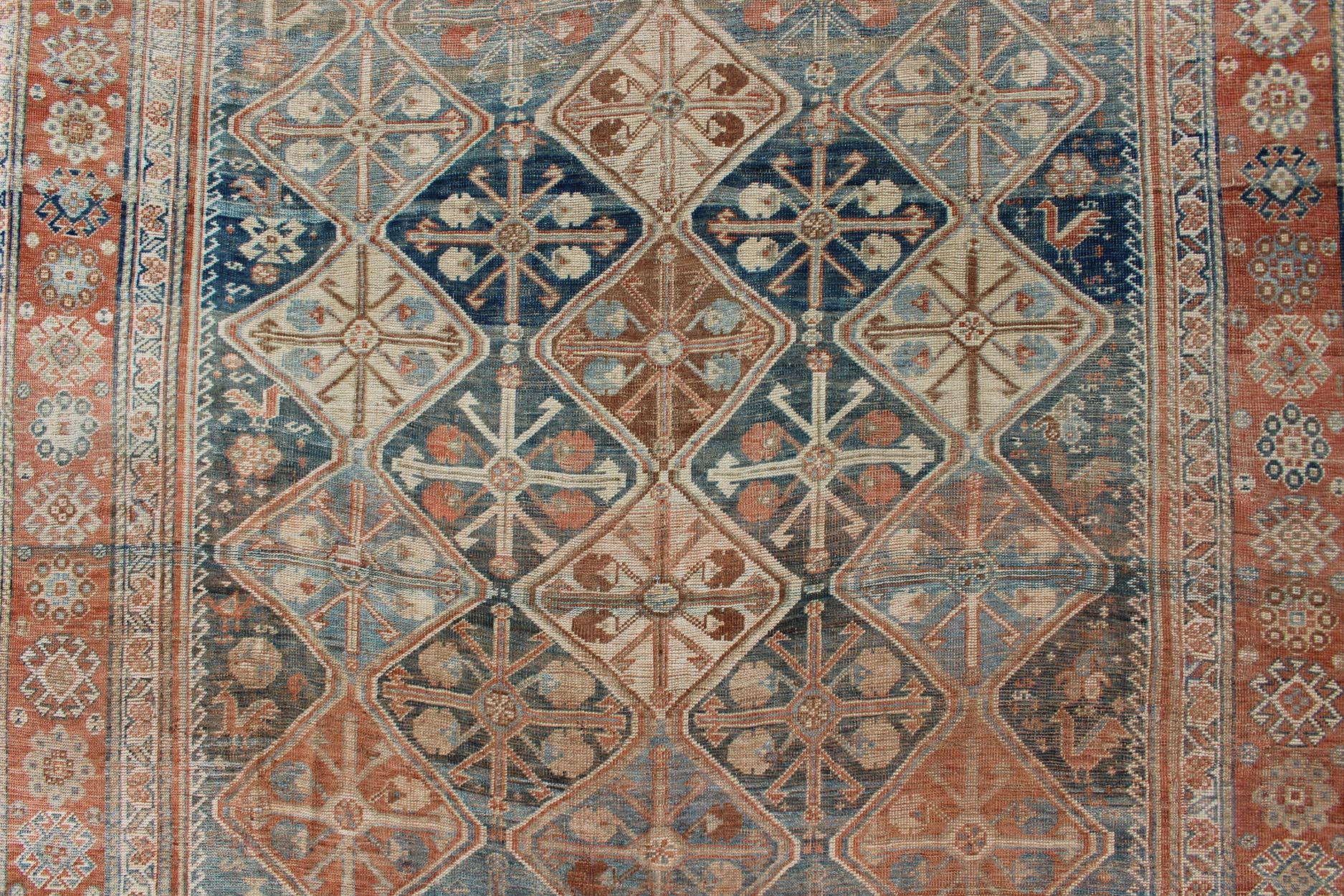 Early 20th Century Antique Tribal Persian Qashqai Rug with Geometric Diamond Design in Multi-Colors