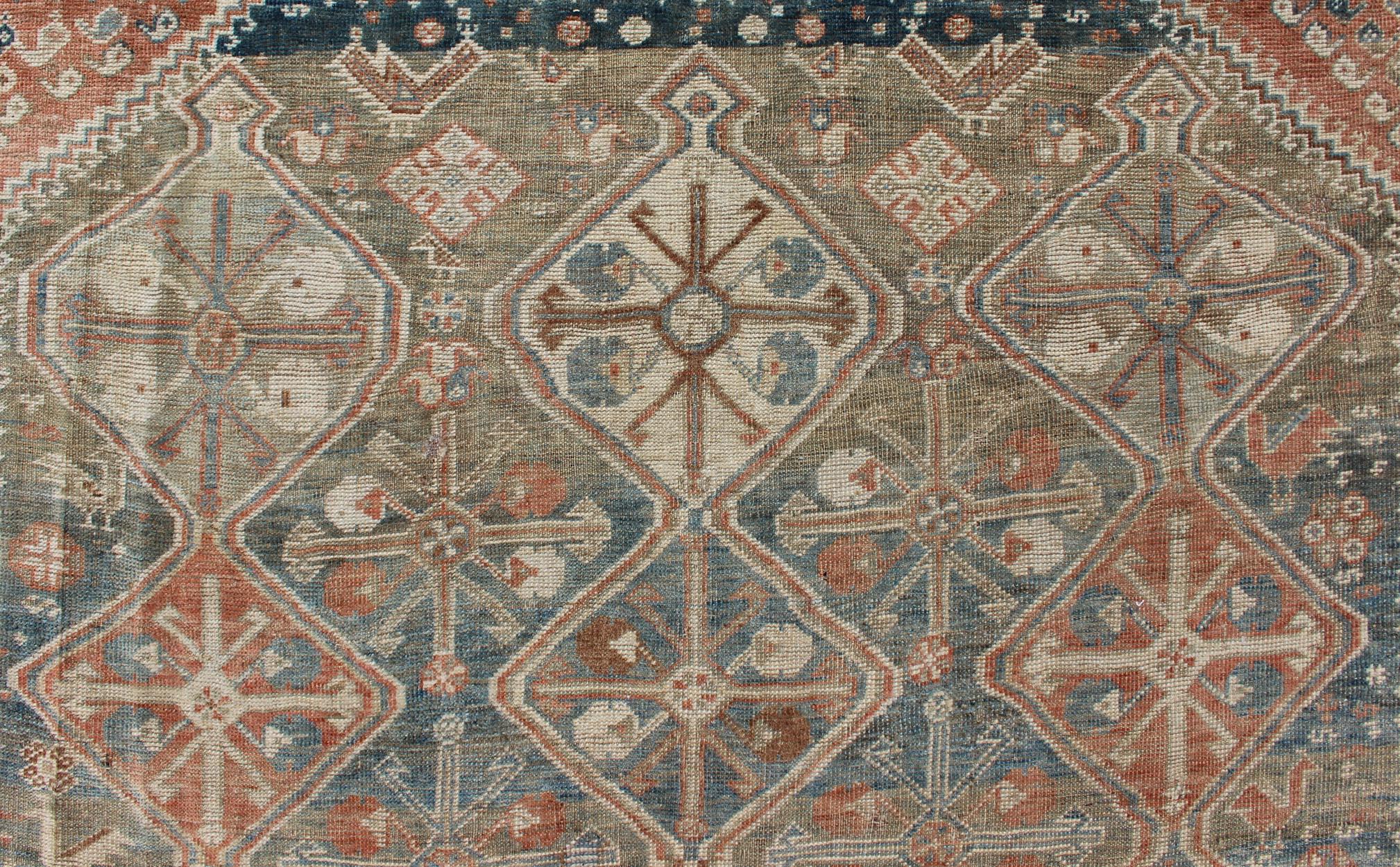 Wool Antique Tribal Persian Qashqai Rug with Geometric Diamond Design in Multi-Colors