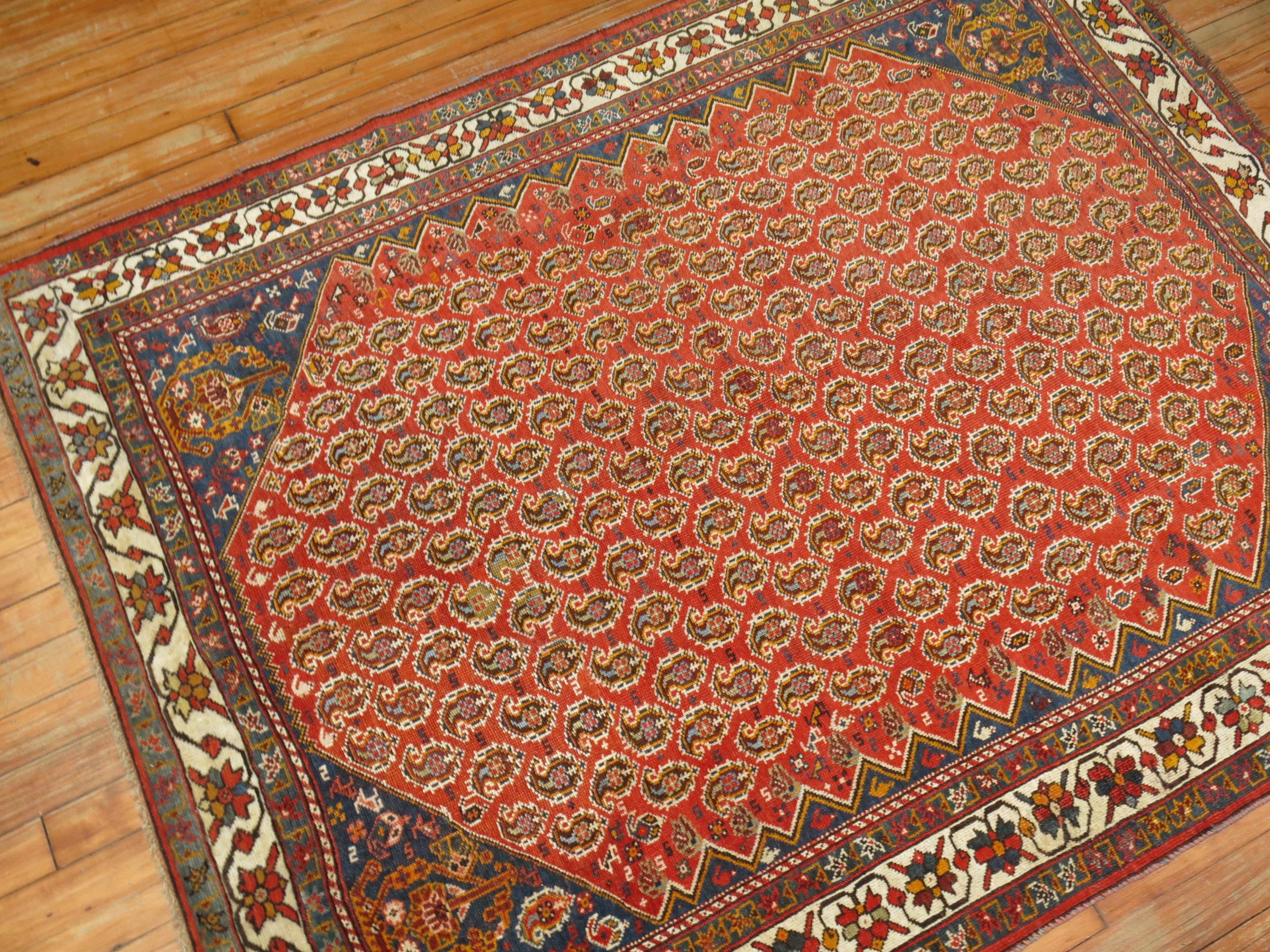 Antique Tribal Persian Rug, Red Ground, Blue Corner, Ivory Border For Sale 1
