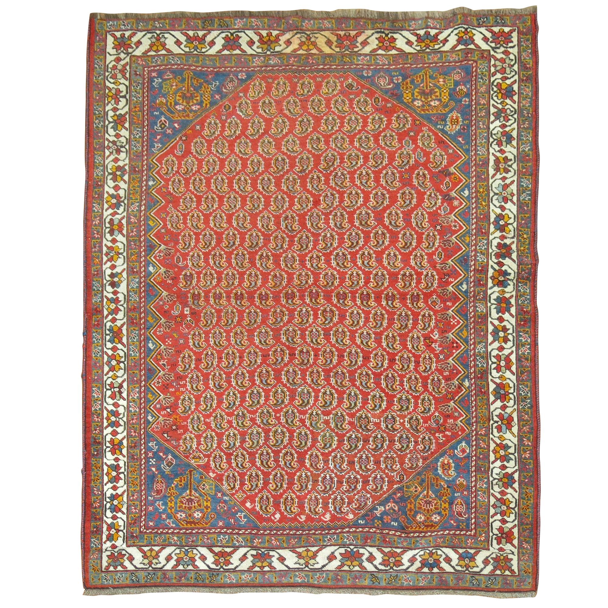 Antique Tribal Persian Rug, Red Ground, Blue Corner, Ivory Border For Sale