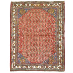 Antique Tribal Persian Rug, Red Ground, Blue Corner, Ivory Border