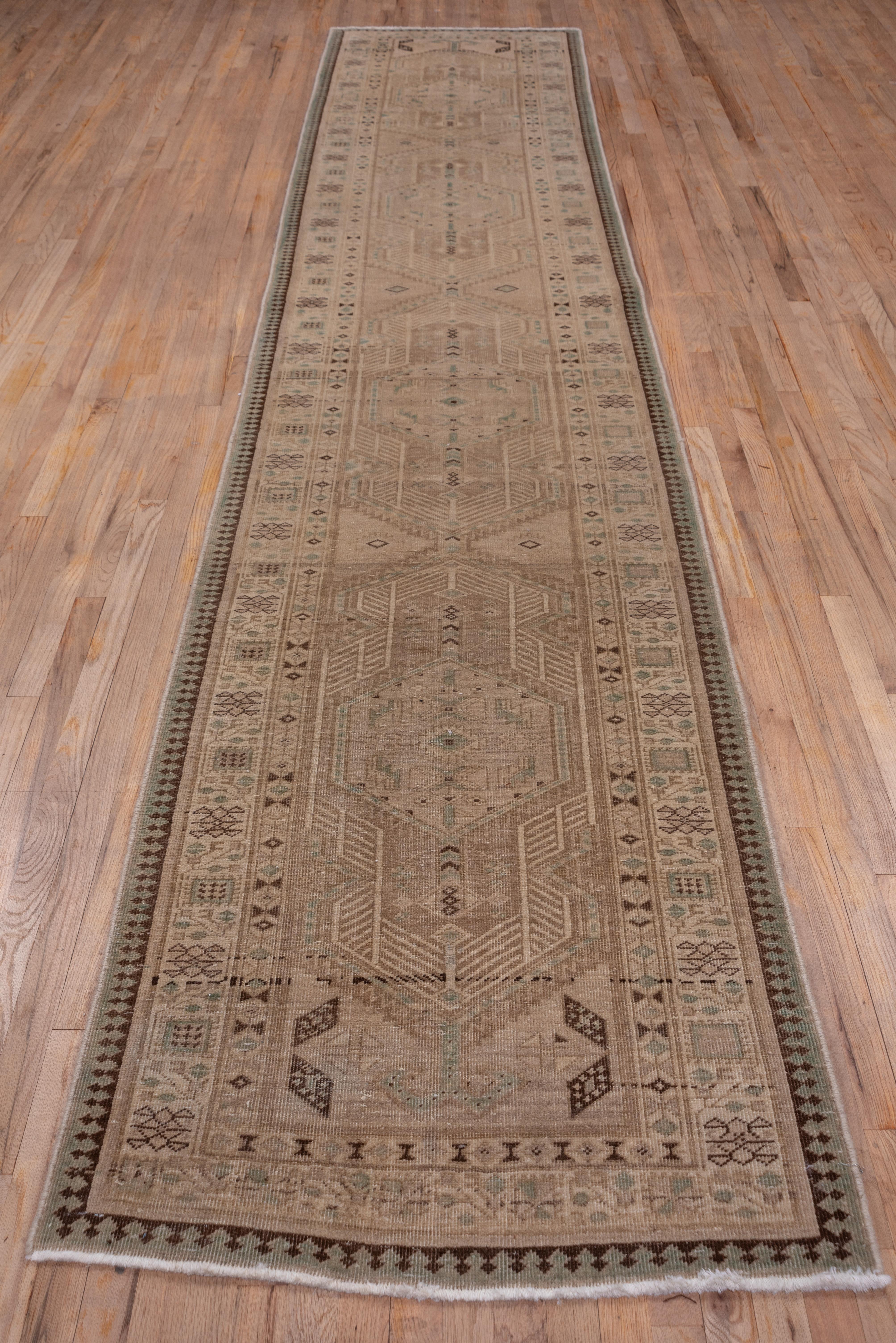 Hand-Knotted Antique Tribal Persian Sarab Runner, Light Brown Field, Seafoam Green Accents For Sale