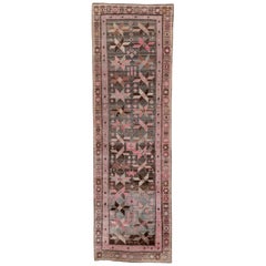 Antique Tribal Pink Caucasian Karabagh Runner, Blue and Brown Field, Funky