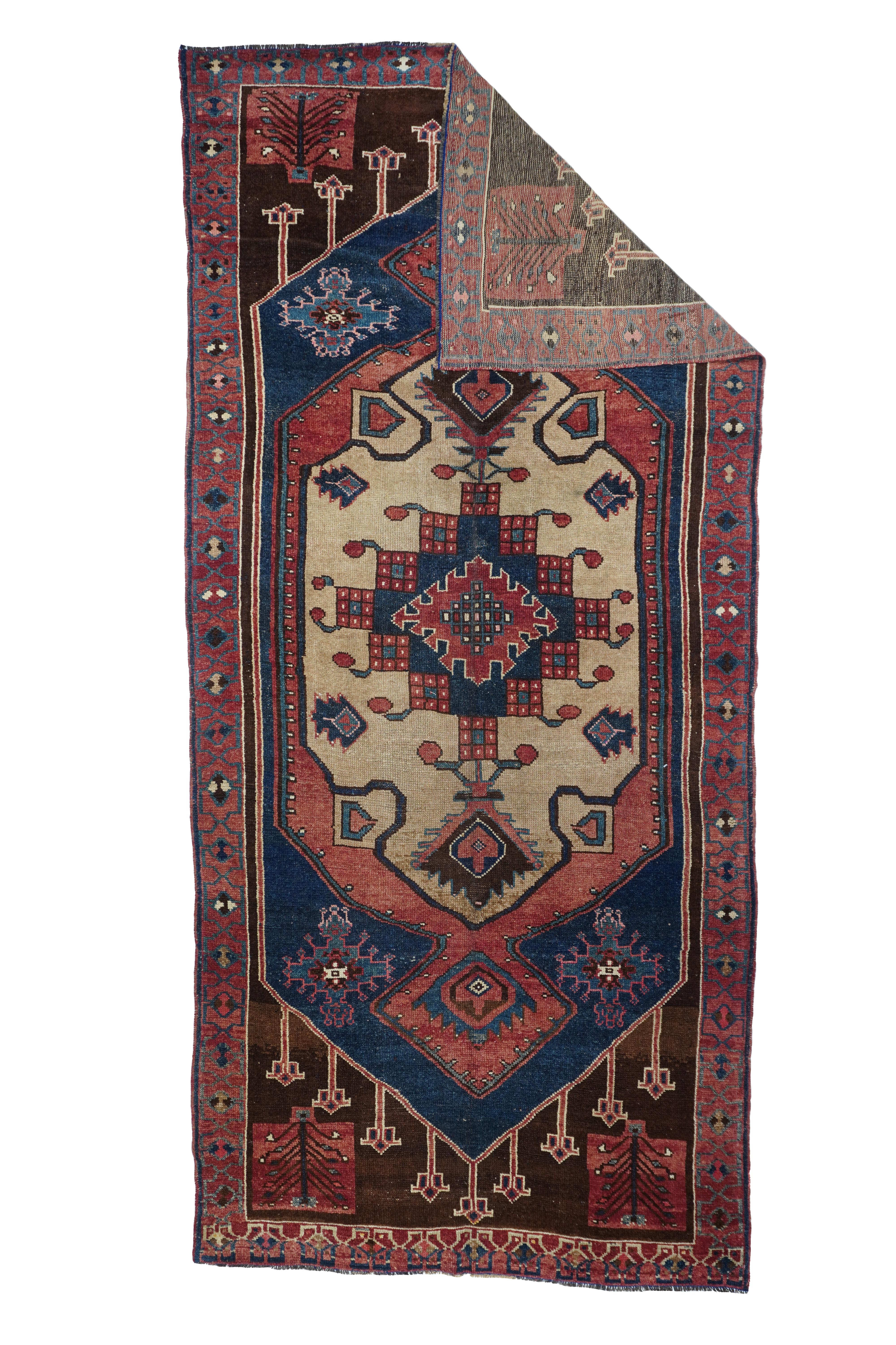 Alfombra Tribal Antigua 6'3'' x 13'8''. Este Kellegi (alfombra larga) algo enigmático muestra un subcampo hexagonal azul oscuro situado sobre un campo marrón-negro. Nueve flores brotan hacia fuera en cada extremo del subcampo y un medallón compuesto