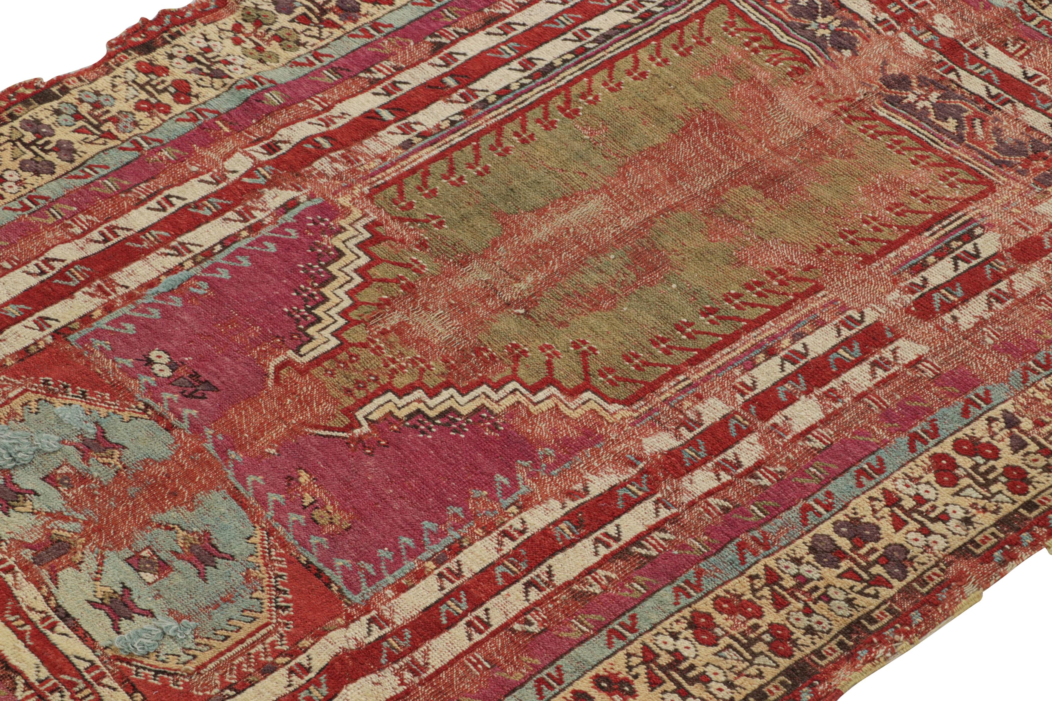 Hand-knotted in wool circa 1780-1790, this 4x5 antique tribal rug is believed to be a rare 18th century piece from Turkey—an exciting new curation from Rug & Kilim. 

On the Design:

This enjoys primitivist geometric patterns and a stepped mihrab