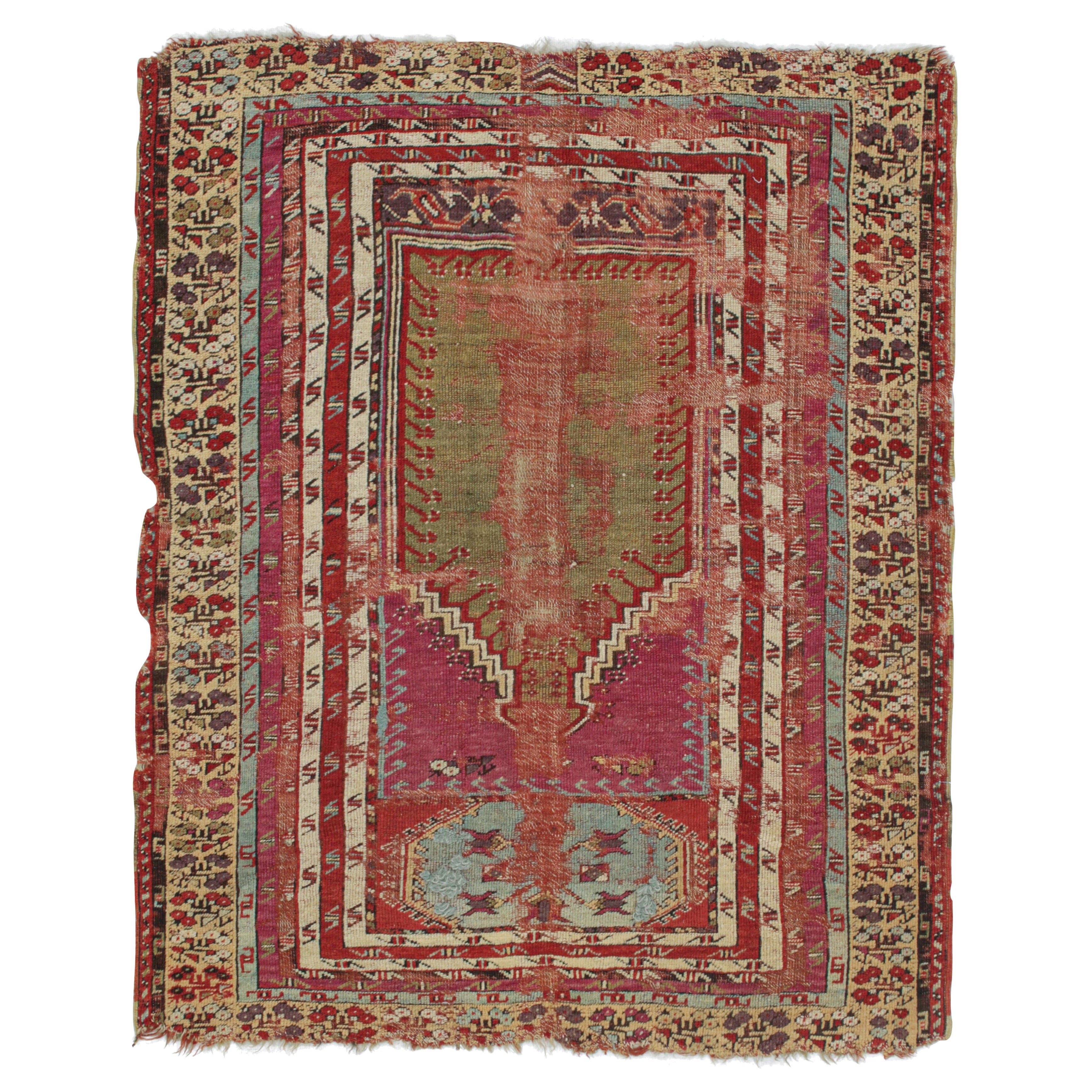 Antiker Stammesteppich in Rot mit Mihrab und geometrischen Mustern, von Rug & Kilim