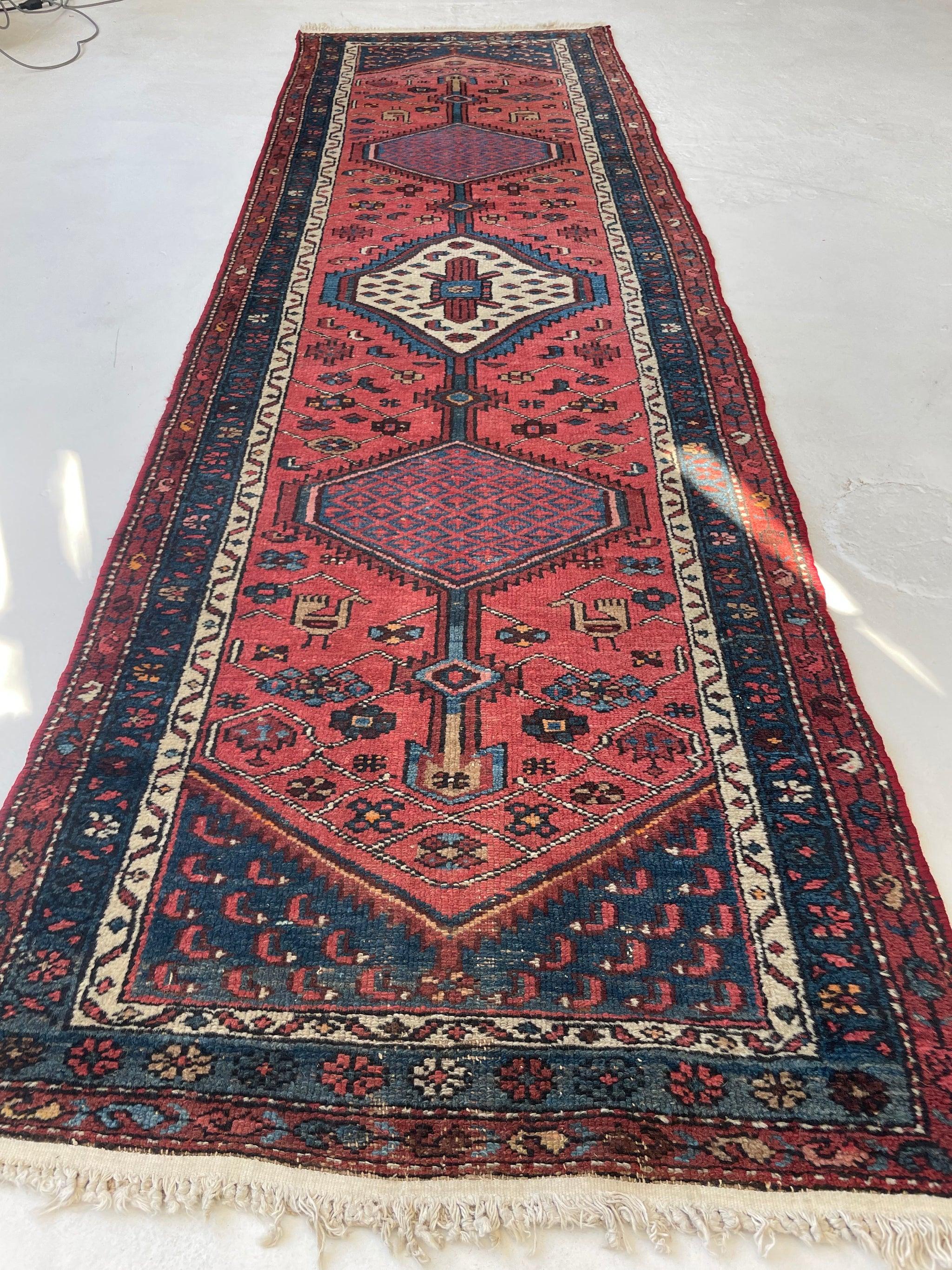 Antique Tribal Runner with Watermelon & Midnight Blue Colors, circa 1930's For Sale 10