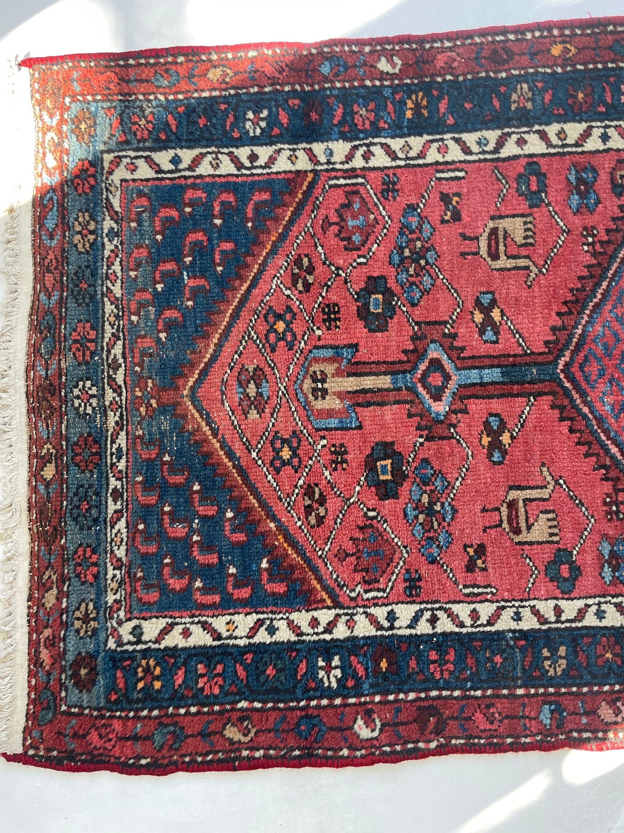 Antique Tribal Runner with Watermelon & Midnight Blue Colors, circa 1930's For Sale 12