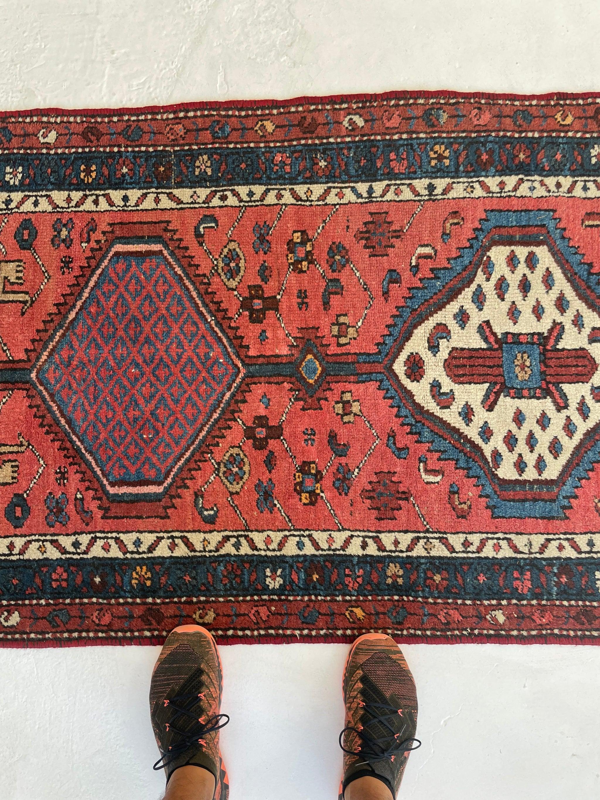 Antique Tribal Runner with Watermelon & Midnight Blue Colors, circa 1930's For Sale 1