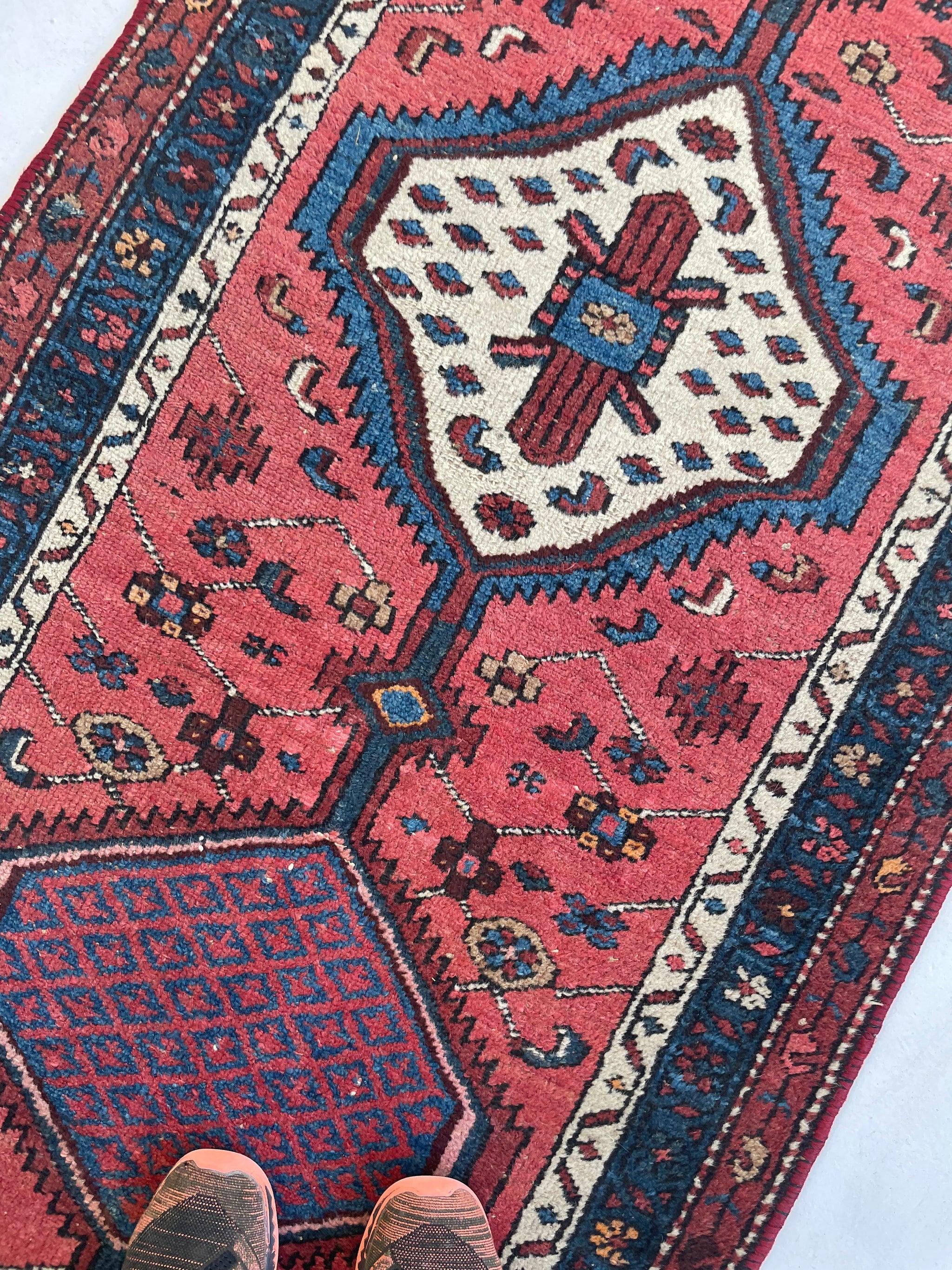 Antique Tribal Runner with Watermelon & Midnight Blue Colors, circa 1930's For Sale 2