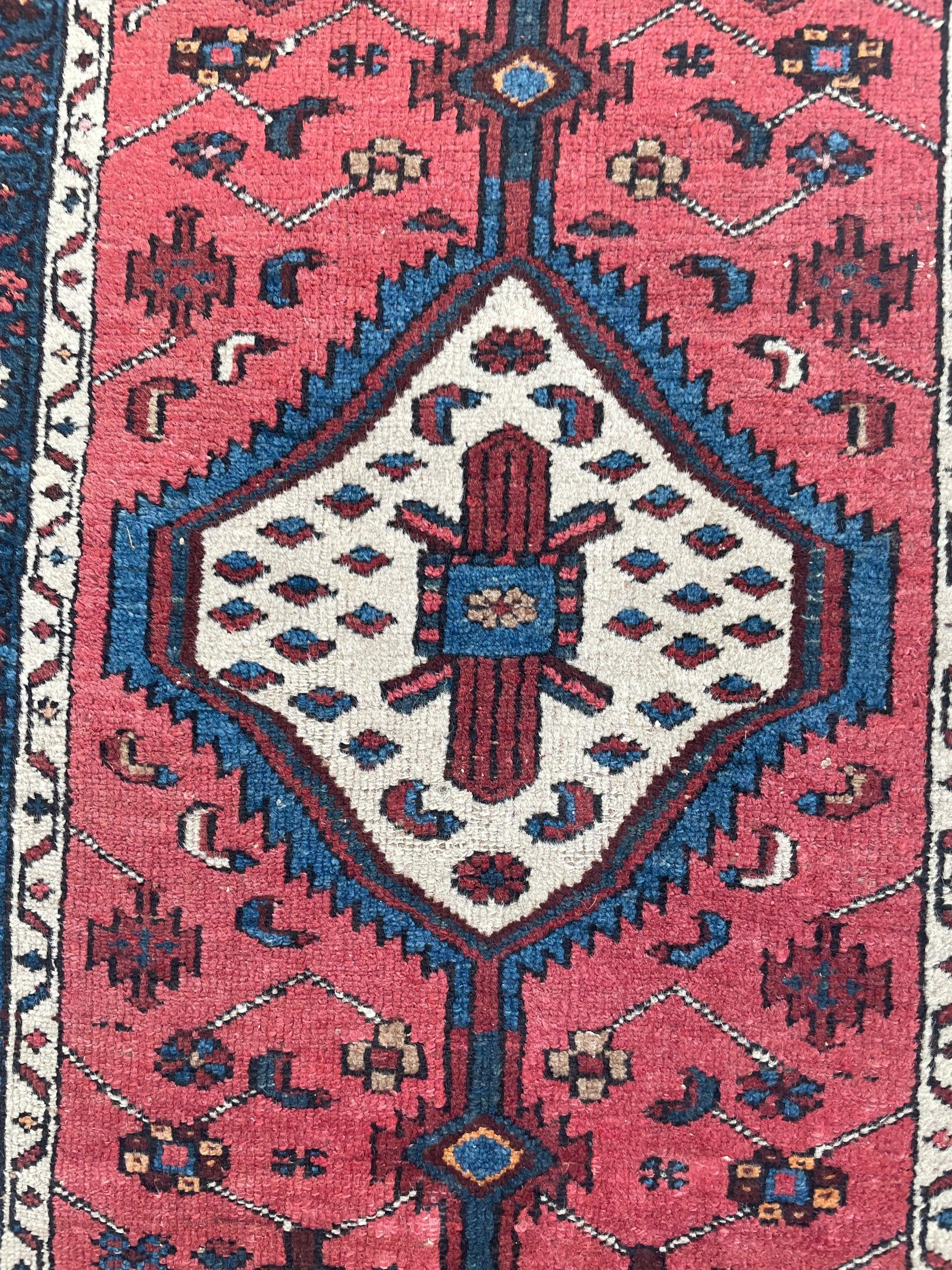 Antique Tribal Runner with Watermelon & Midnight Blue Colors, circa 1930's For Sale 3