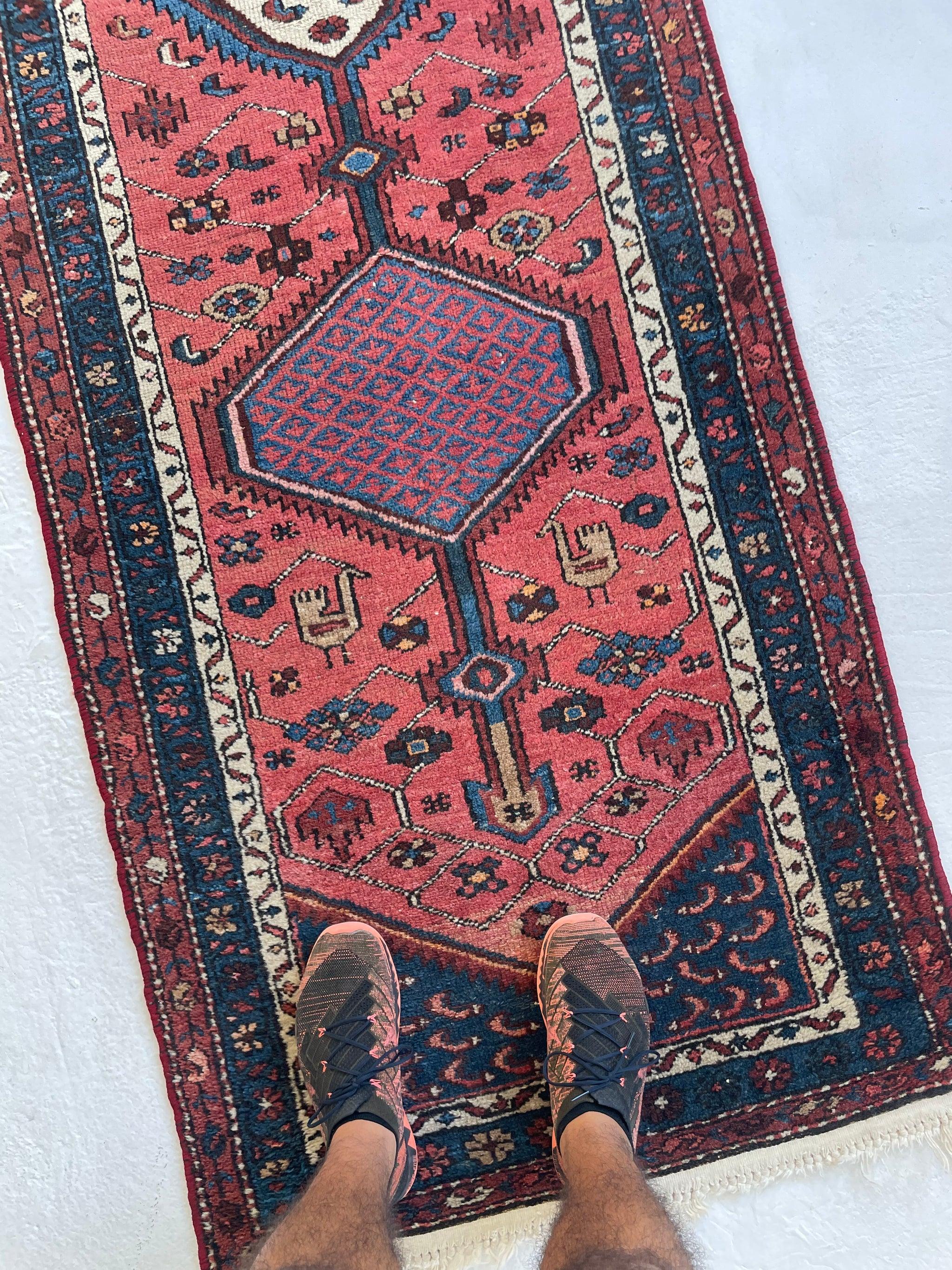 Antique Tribal Runner with Watermelon & Midnight Blue Colors, circa 1930's For Sale 4