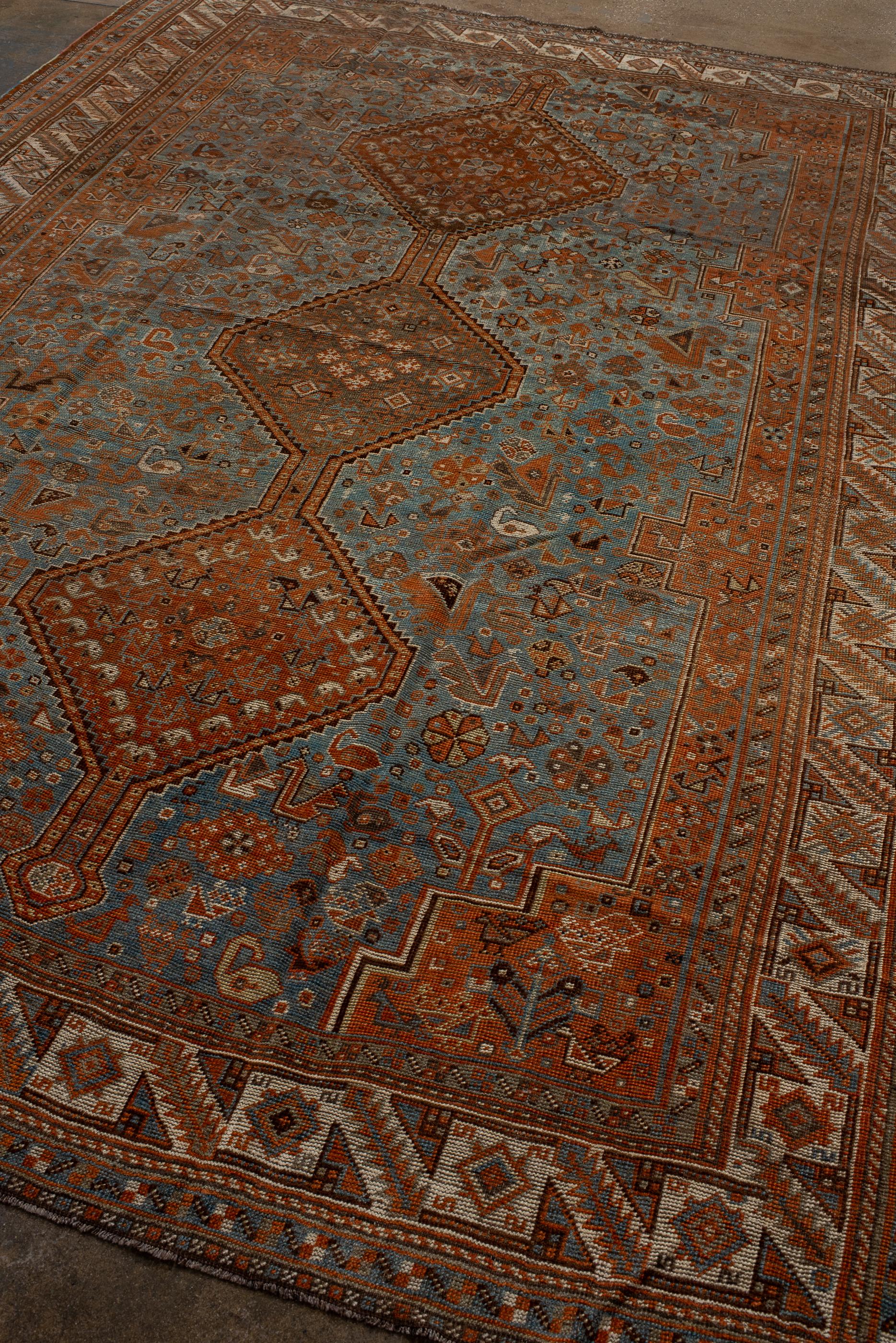 Persian Antique Tribal Shiraz with Light Blue Field and Rosette Border
