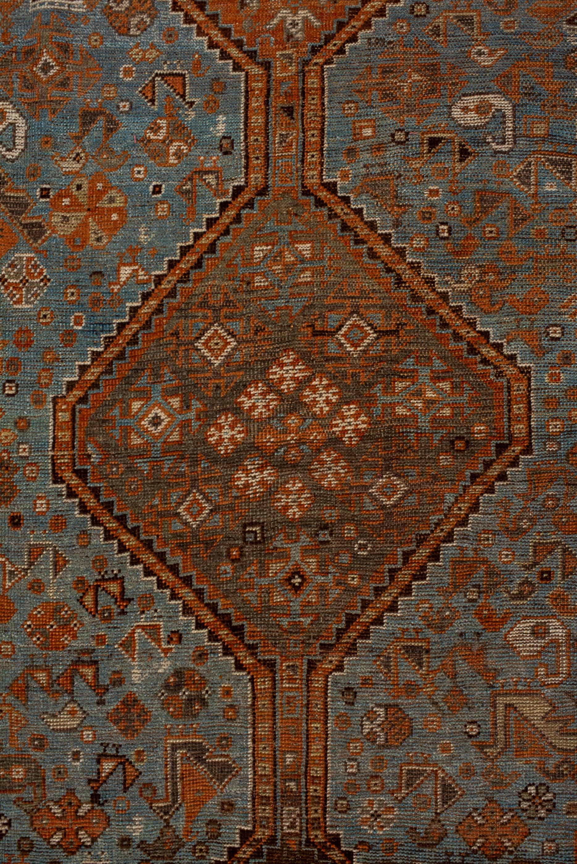 Hand-Knotted Antique Tribal Shiraz with Light Blue Field and Rosette Border