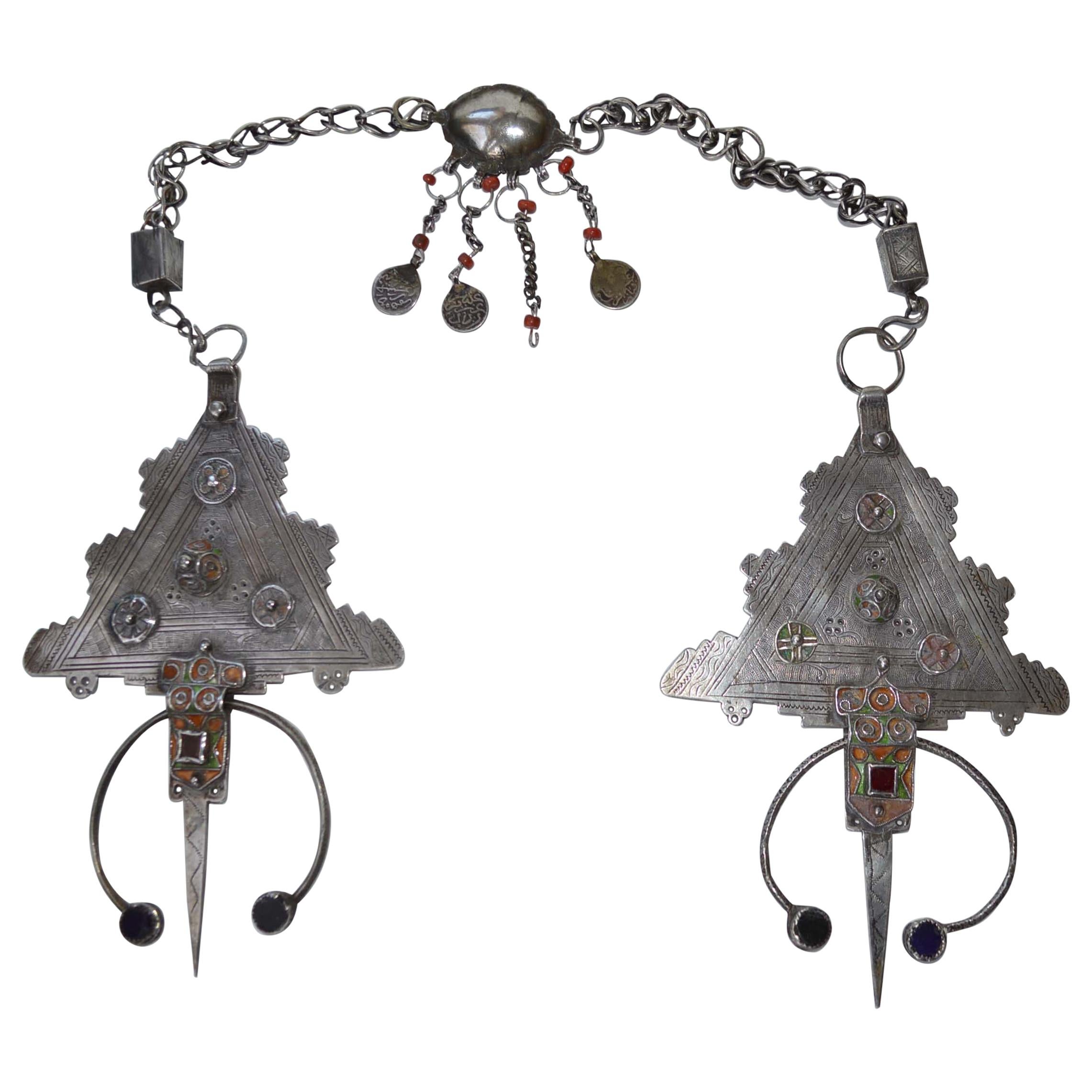 Antique Tribal Silver Complete Kabyle Berber Fibula Brooch Necklace For Sale