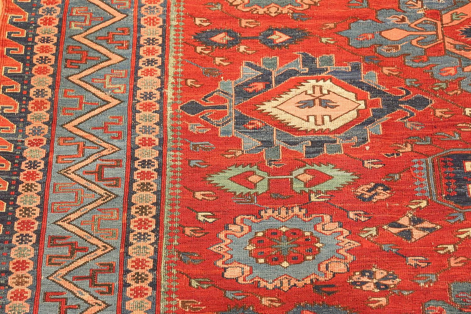 Hand-Woven Antique Tribal Soumak Caucasian Rug. 8 ft 5 in x 9 ft 6 in For Sale