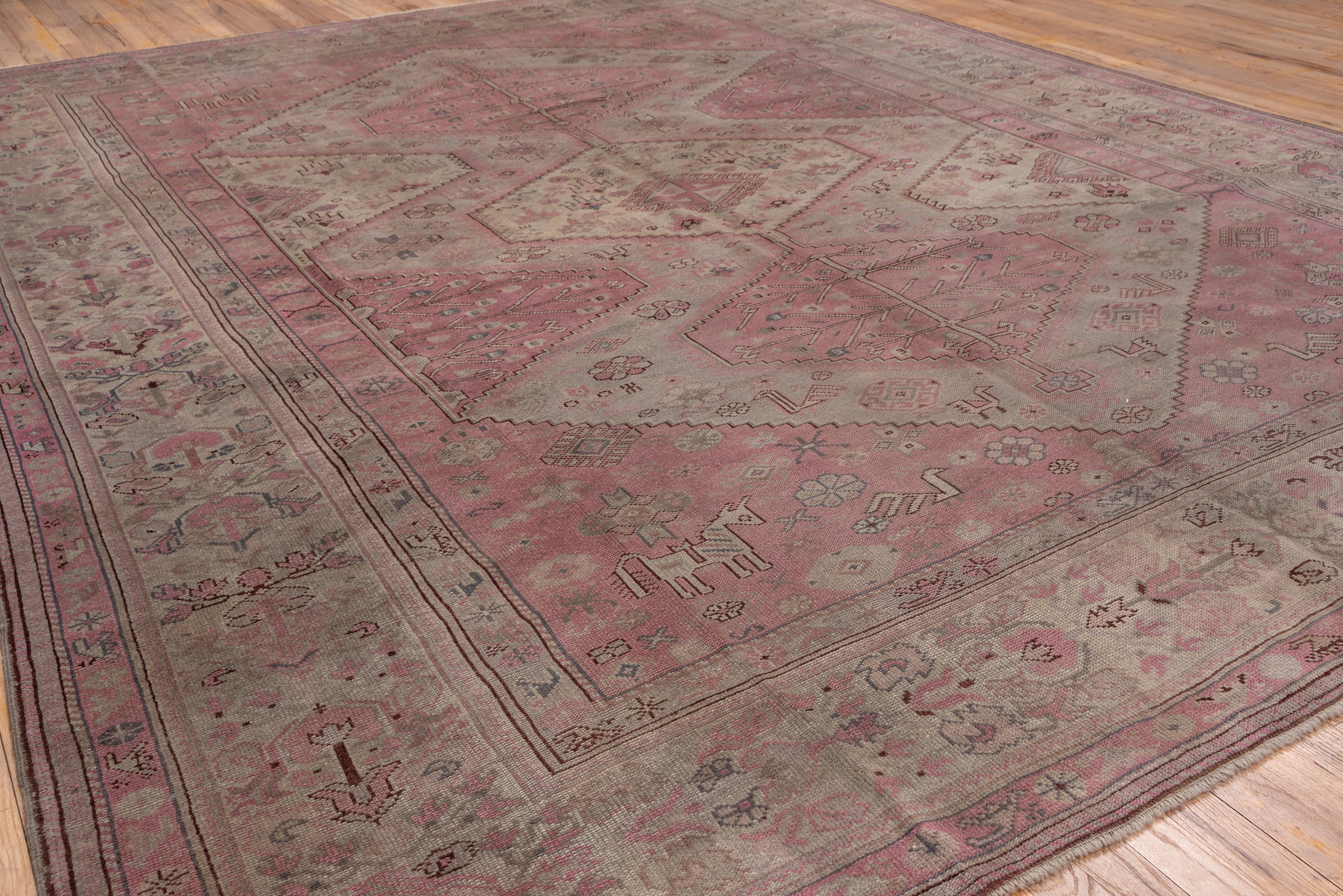 Hand-Knotted Antique Tribal Turkish Sivas Carpet, Pink and Light Green Field, circa 1920s For Sale