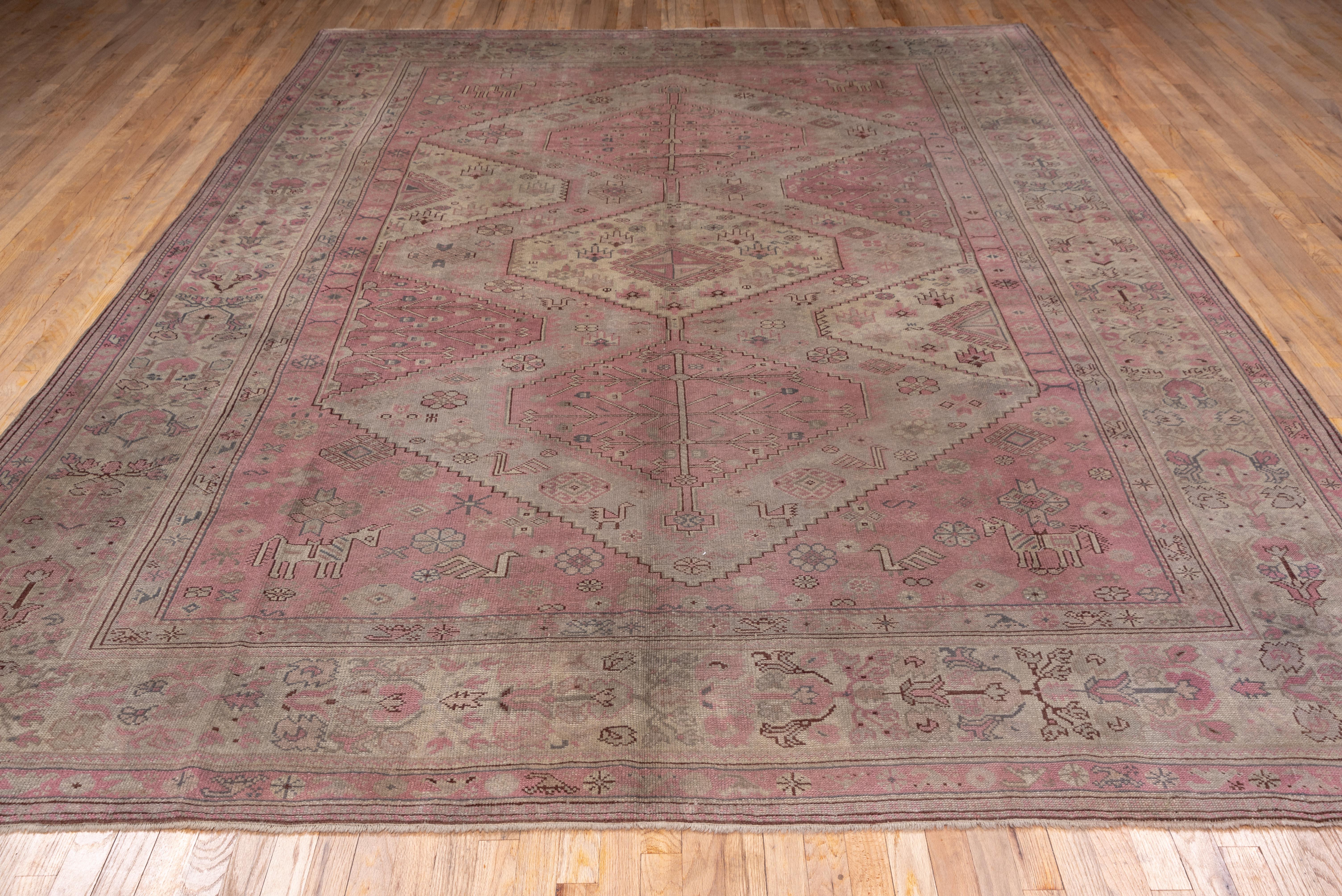 Antique Tribal Turkish Sivas Carpet, Pink and Light Green Field, circa 1920s In Good Condition For Sale In New York, NY