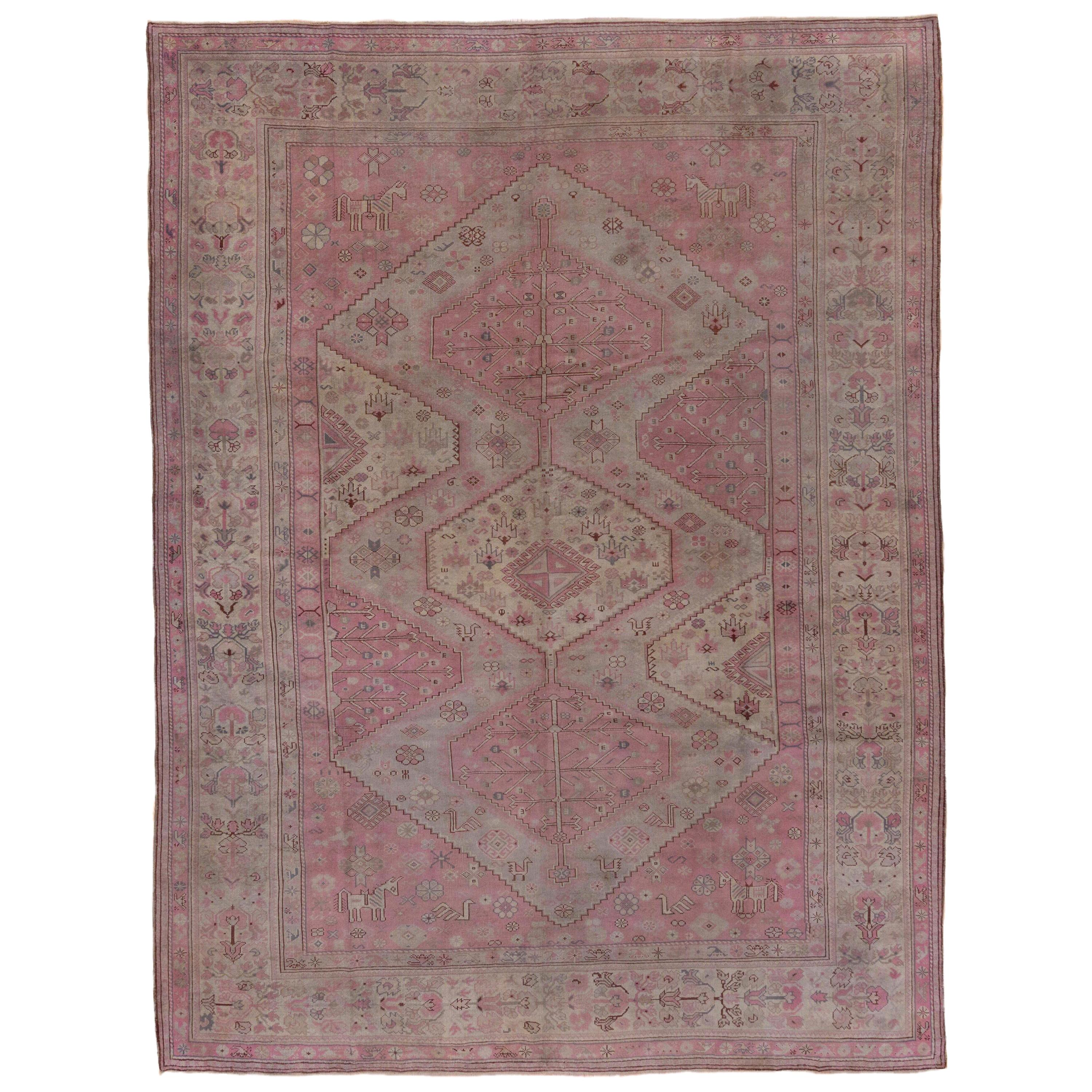 Antique Tribal Turkish Sivas Carpet, Pink and Light Green Field, circa 1920s