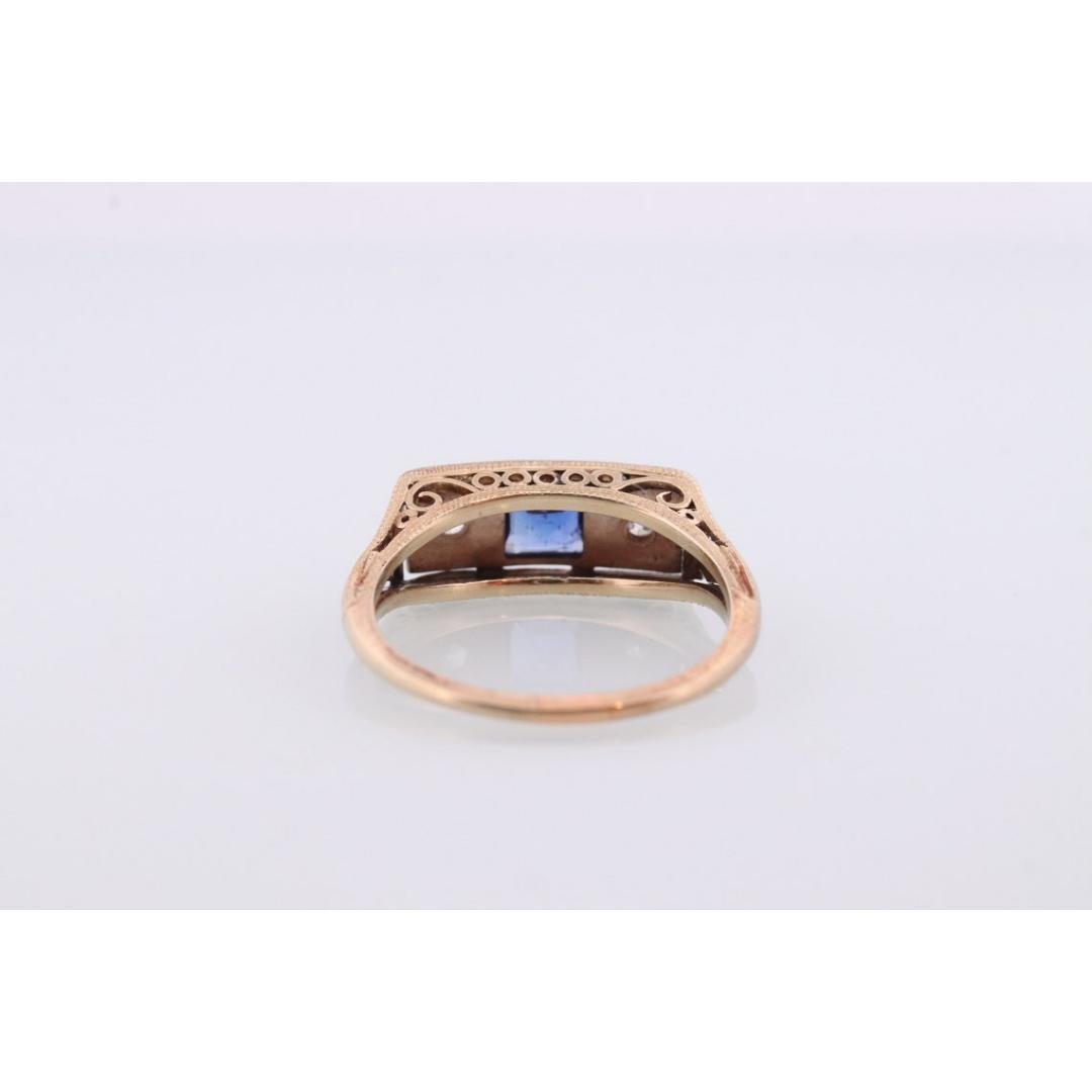 Women's Antique trilogy ring. 14k three diamond and sapphire shield ring. 14k Art Deco For Sale