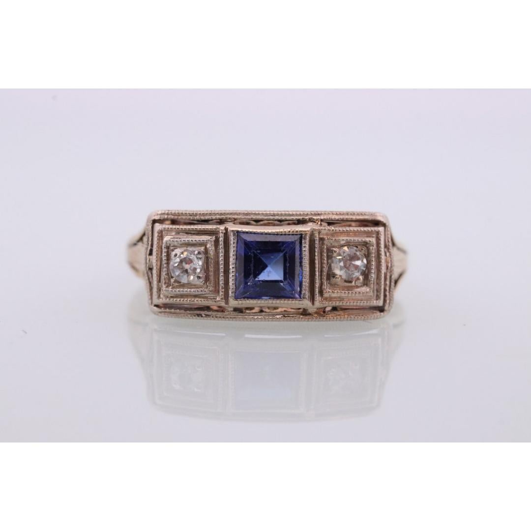 Antique trilogy ring. 14k three diamond and sapphire shield ring. 14k Art Deco For Sale 1