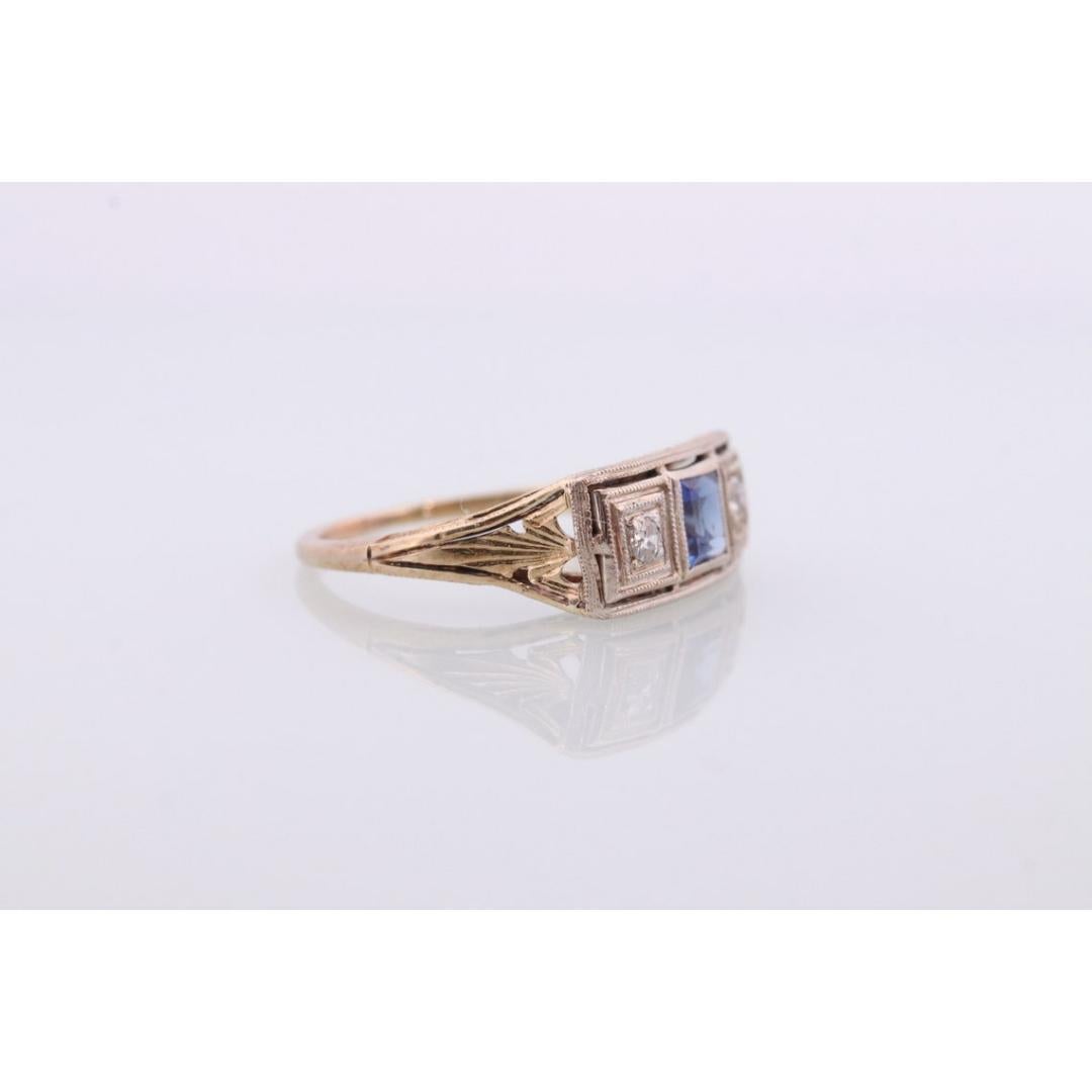 Antique trilogy ring. 14k three diamond and sapphire shield ring. 14k Art Deco For Sale 3