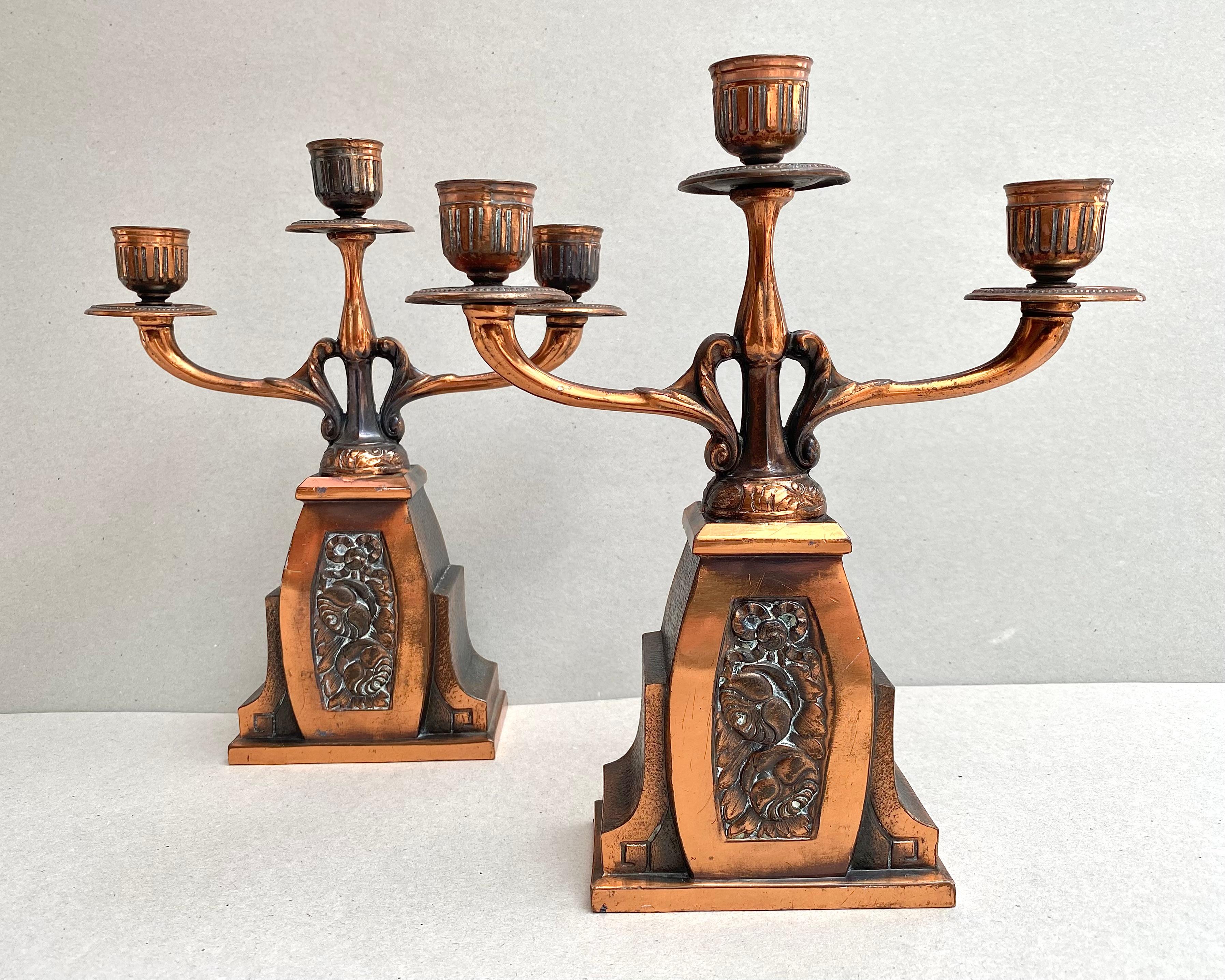 Pair of three-light antique candelabra from Belgium, 1930s.

Bronze tabletop candleholders gift for anniversary, birthday, wedding.

Bronze products are stylish and solid souvenirs that are pleasant to give and no less pleasant to receive as a