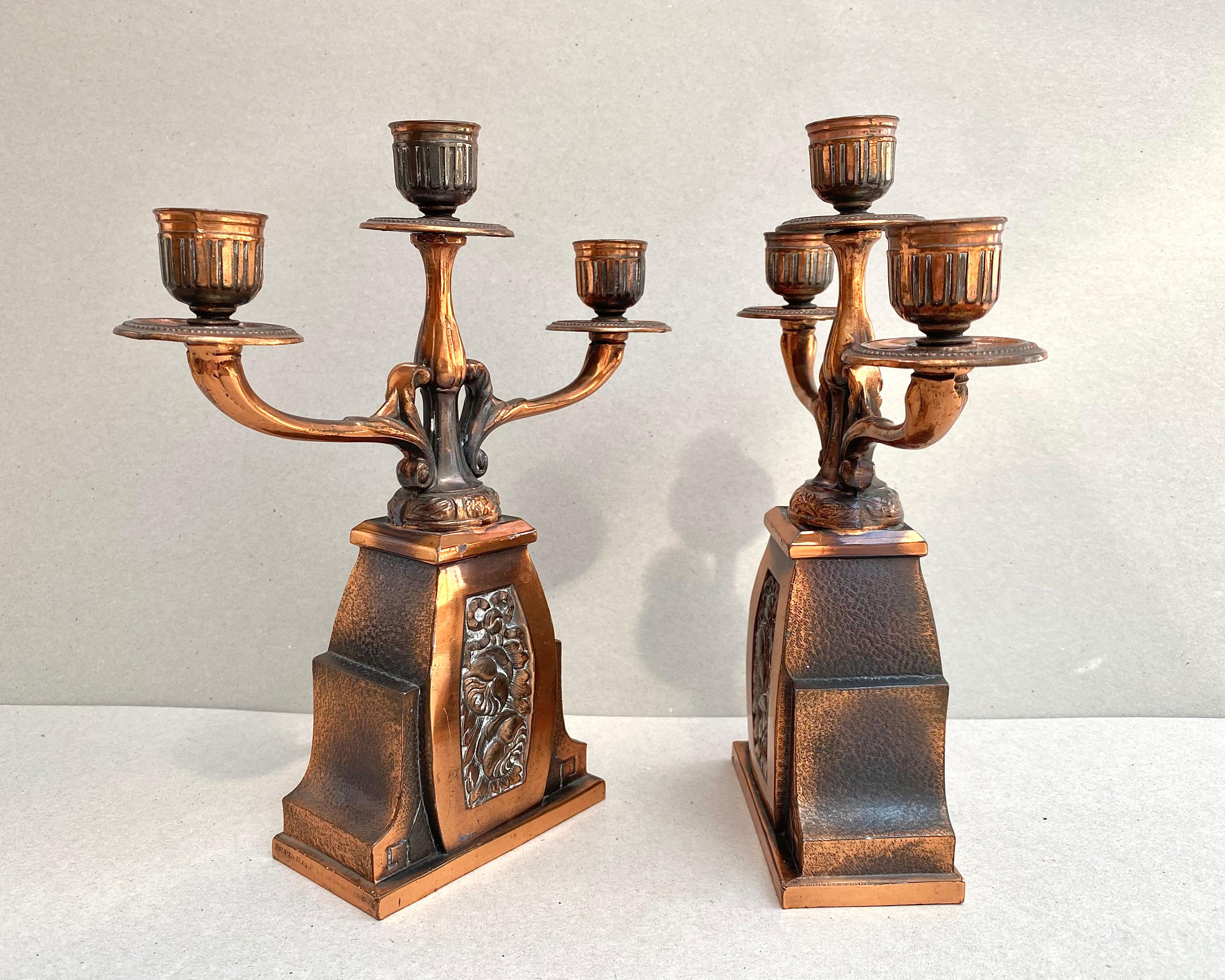 Antique Triple Candleholder in Brass, Belgium, 1930s In Good Condition For Sale In Bastogne, BE