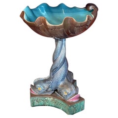 Antique Triple Dolphin Majolica Pottery Centerpiece Bowl, 19th Century