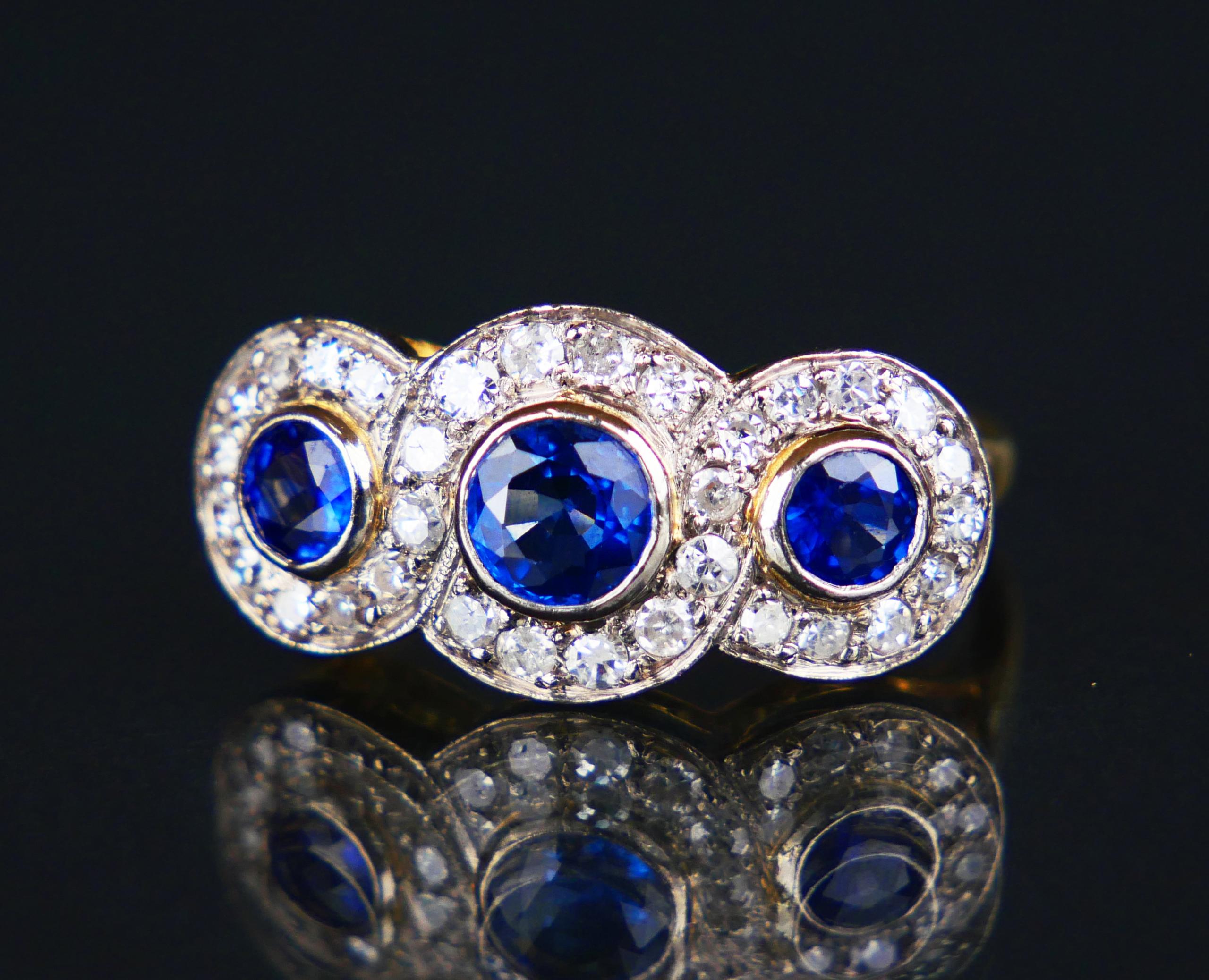 Antique Trinity Halo Ring 1.4 ctw natural Sapphire Diamonds 18K Gold Ø5.5US/4.7g For Sale 6