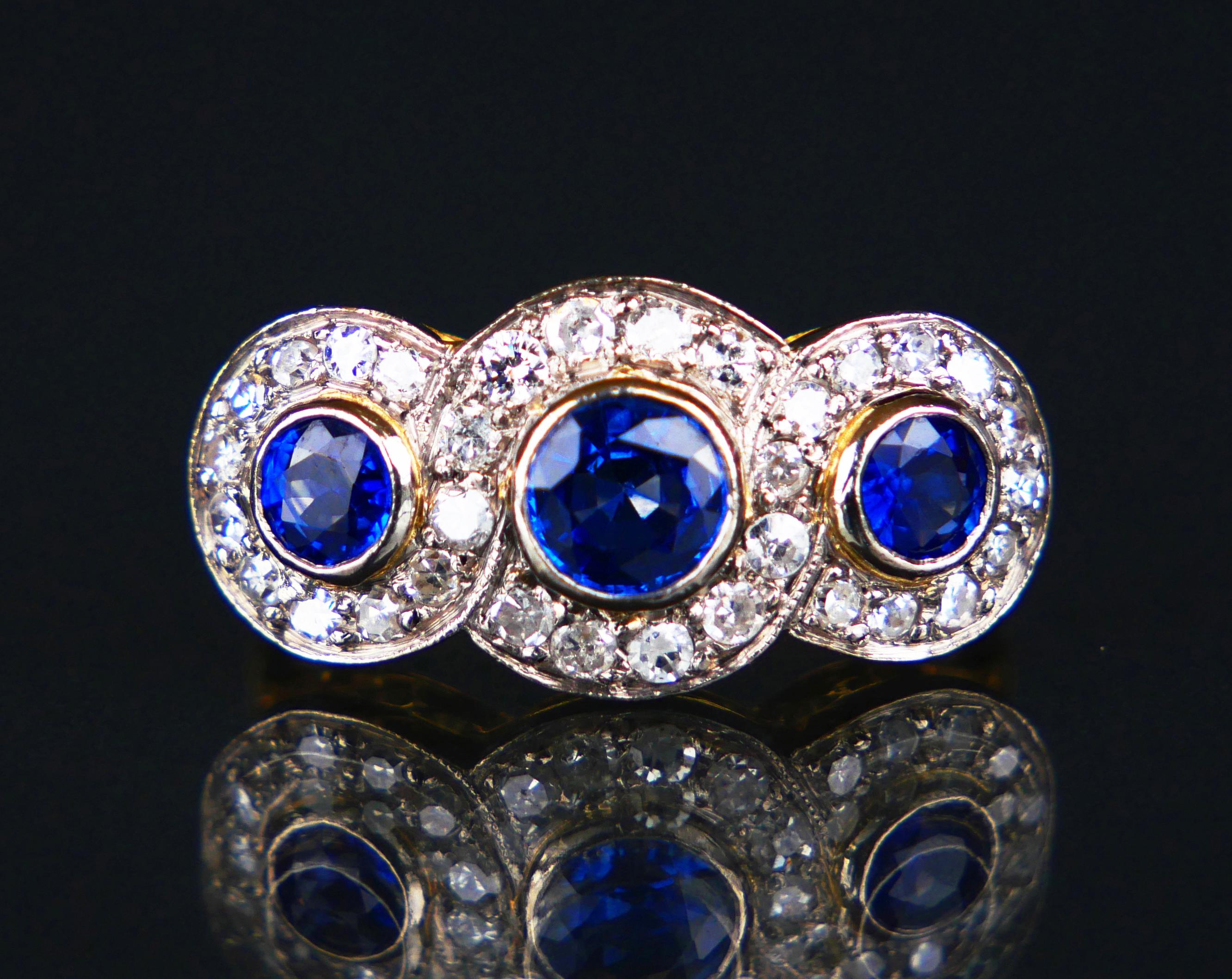 Antique Trinity Halo Ring 1.4 ctw natural Sapphire Diamonds 18K Gold Ø5.5US/4.7g For Sale 7