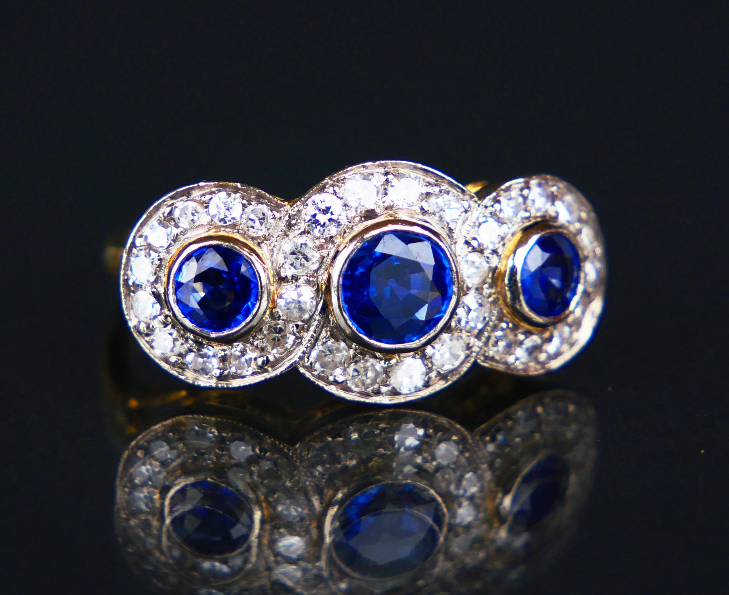Antique Trinity Halo Ring 1.4 ctw natural Sapphire Diamonds 18K Gold Ø5.5US/4.7g For Sale 8