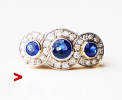 Antique Trinity Halo Ring 1.4 ctw natural Sapphire Diamonds 18K Gold Ø5.5US/4.7g