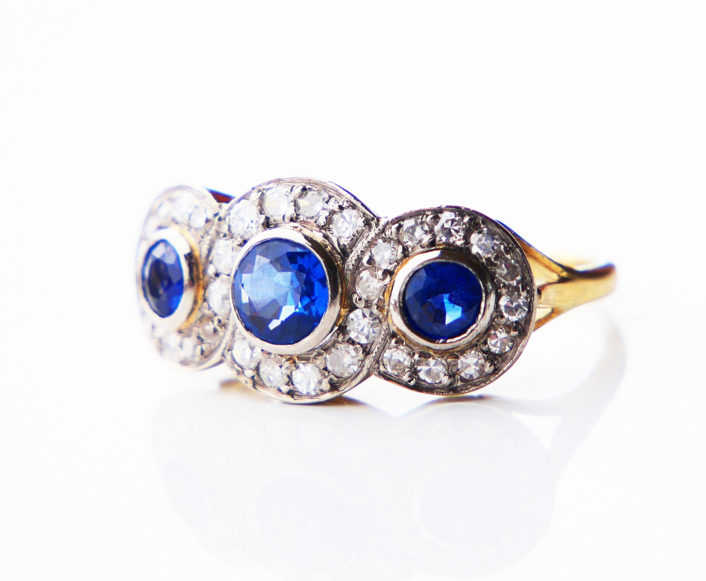 Art Nouveau Antique Trinity Halo Ring 1.4 ctw natural Sapphire Diamonds 18K Gold Ø5.5US/4.7g For Sale