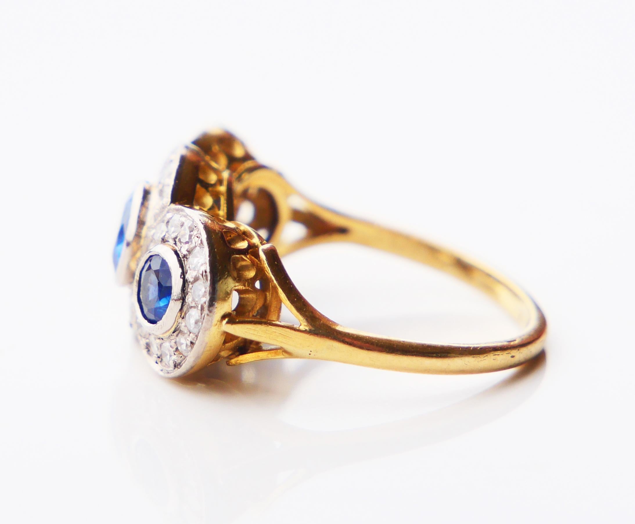 Old European Cut Antique Trinity Halo Ring 1.4 ctw natural Sapphire Diamonds 18K Gold Ø5.5US/4.7g For Sale