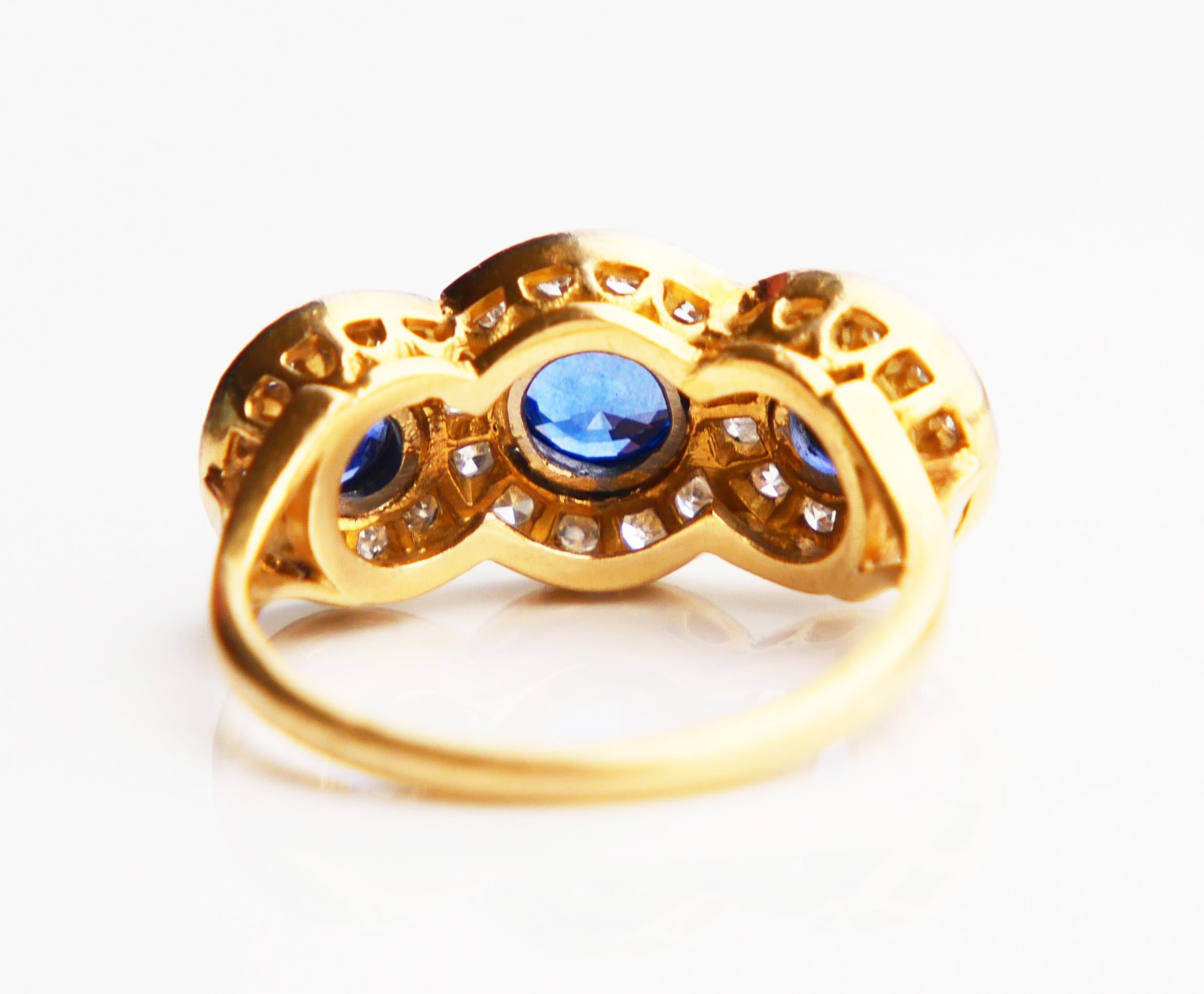 Women's Antique Trinity Halo Ring 1.4 ctw natural Sapphire Diamonds 18K Gold Ø5.5US/4.7g For Sale