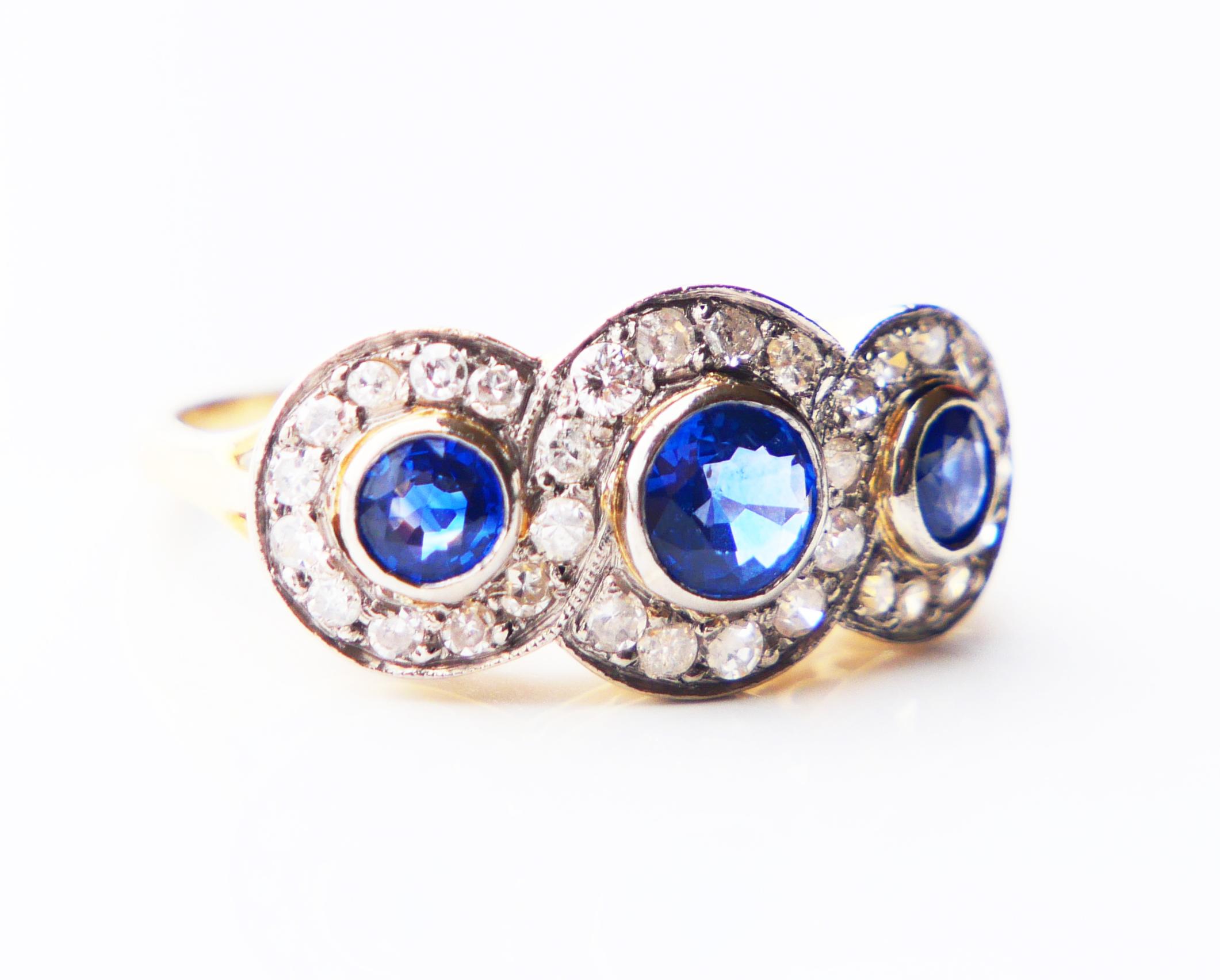 Antique Trinity Halo Ring 1.4 ctw natural Sapphire Diamonds 18K Gold Ø5.5US/4.7g For Sale 2